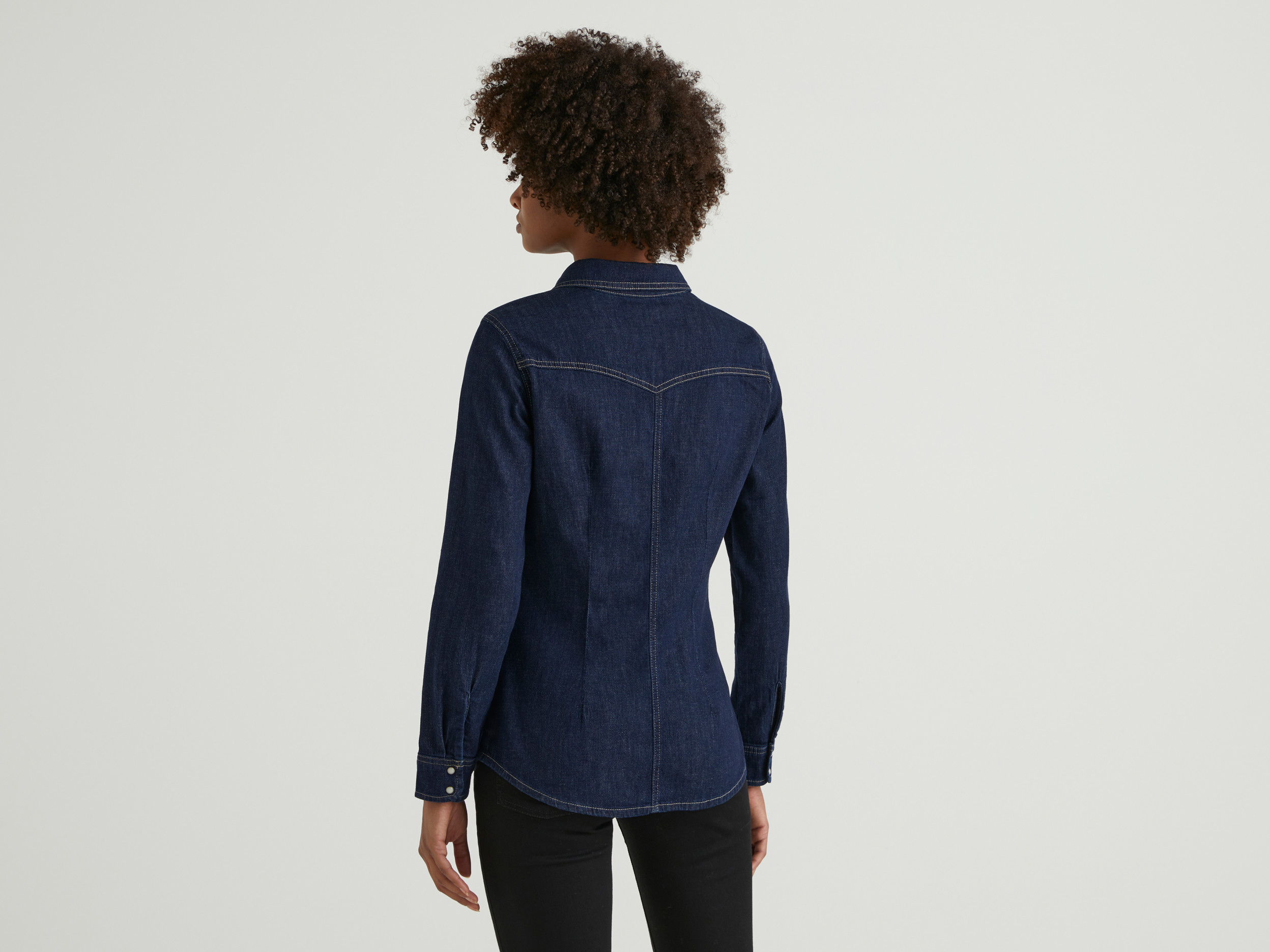 Benetton, Denim Shirt With Pockets, Taglia L, Dark Blue, Women