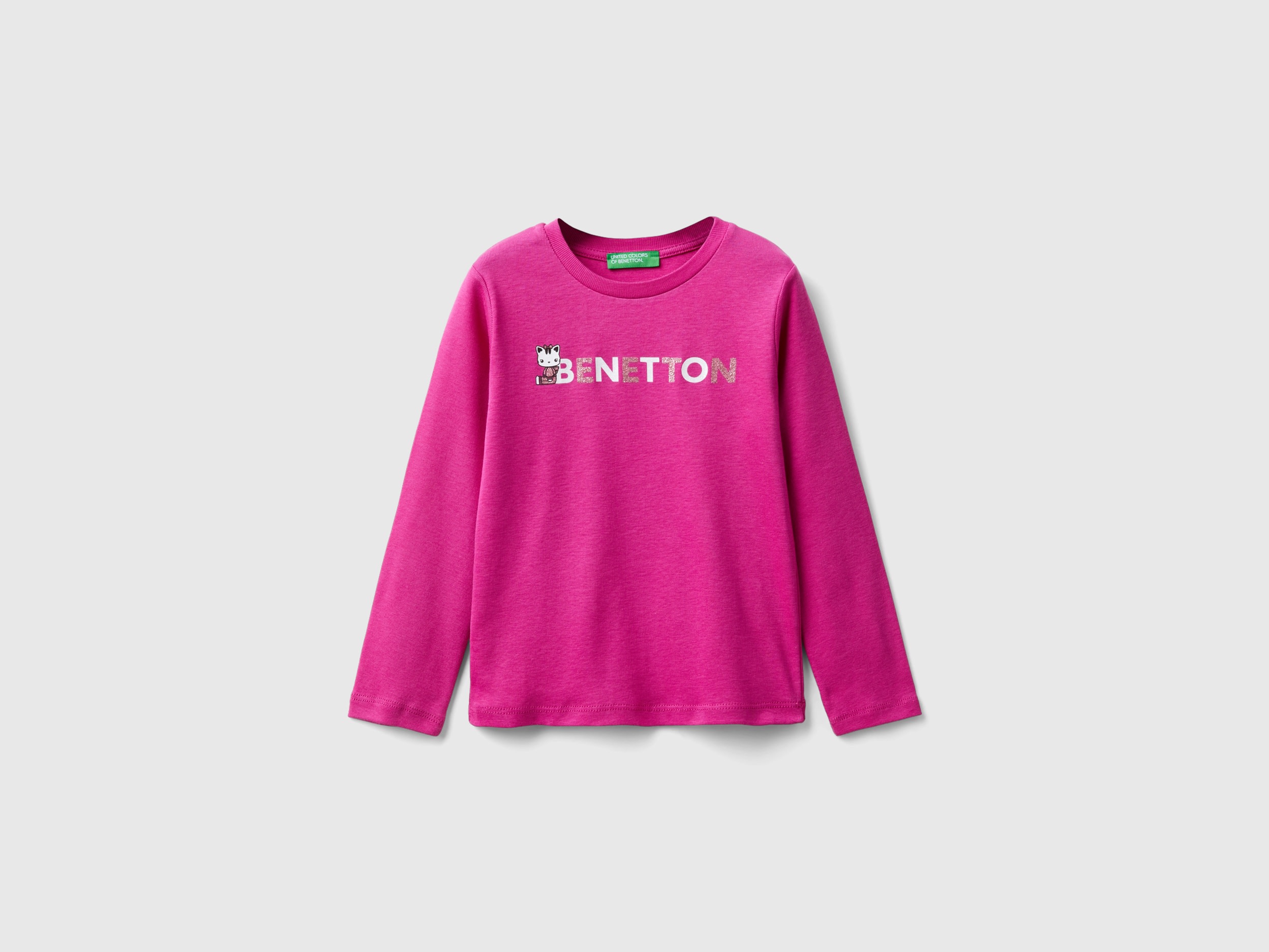 Benetton, T-shirt Con Stampa Glitter In Cotone Bio, Fucsia, Bambini