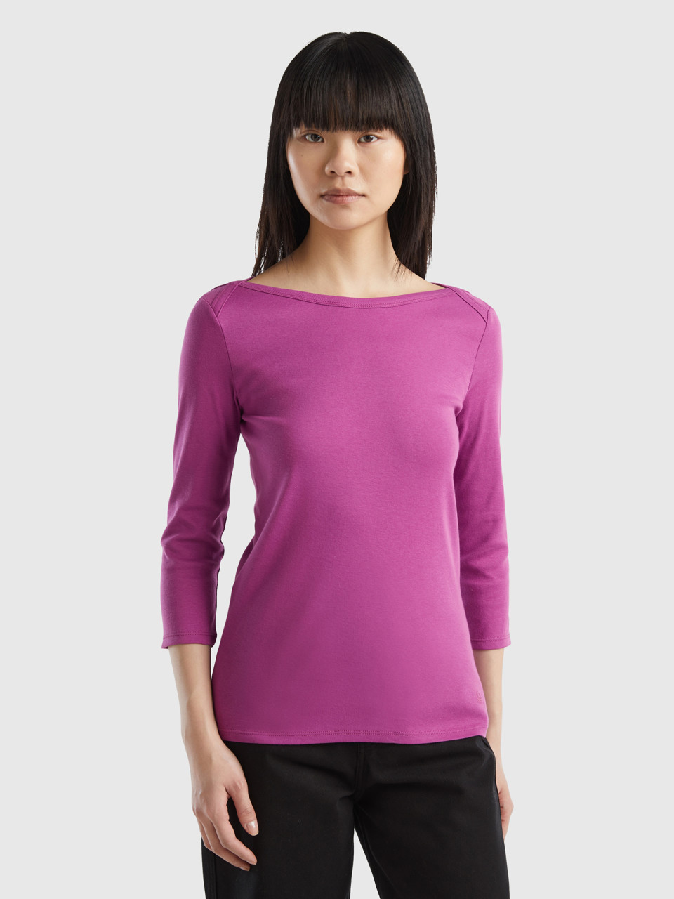 Benetton, T-shirt With Boat Neck In 100% Cotton, Violet, Women