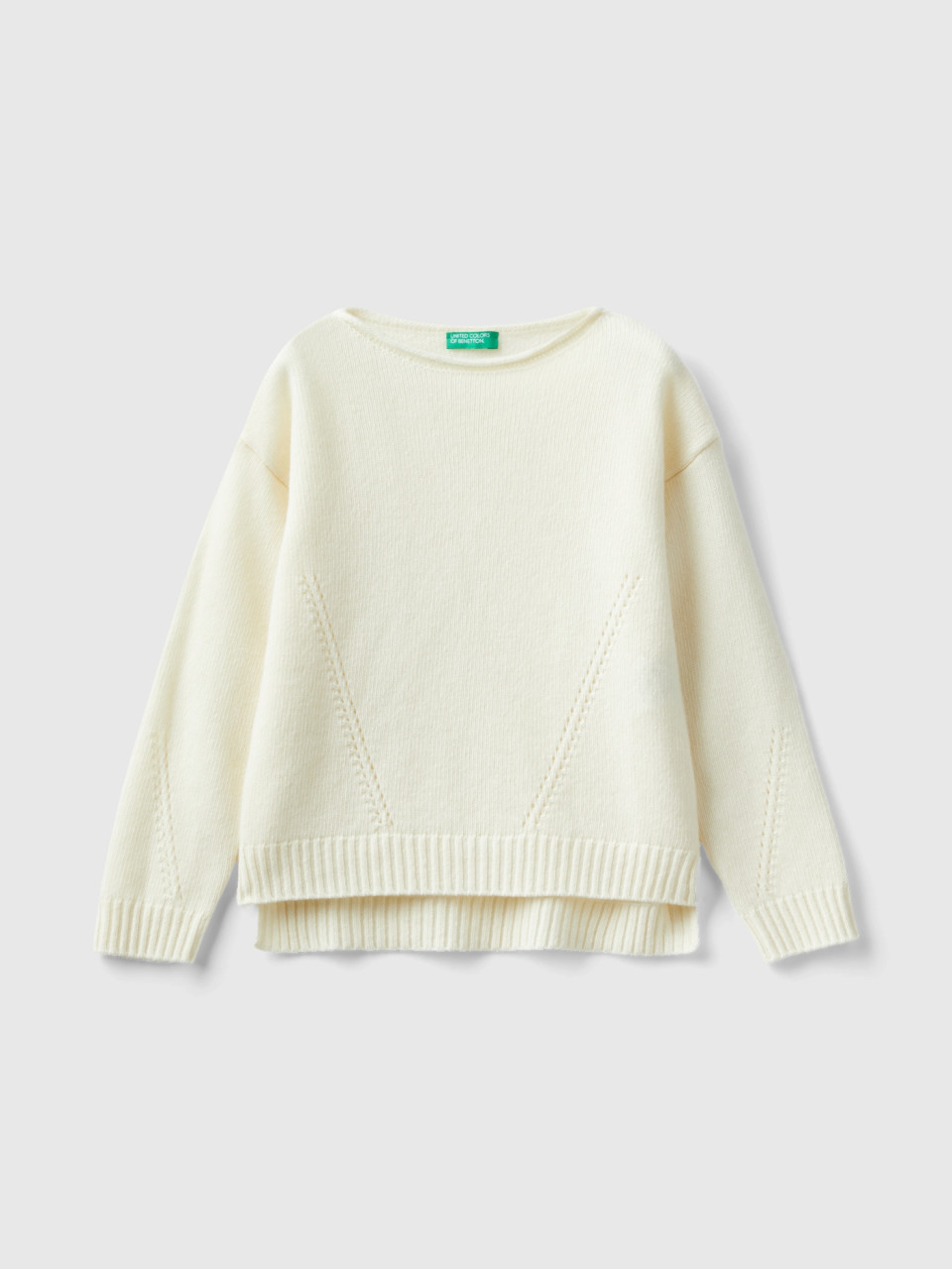 Benetton, Knit Sweater With Playful Stitching, Creamy White, Kids