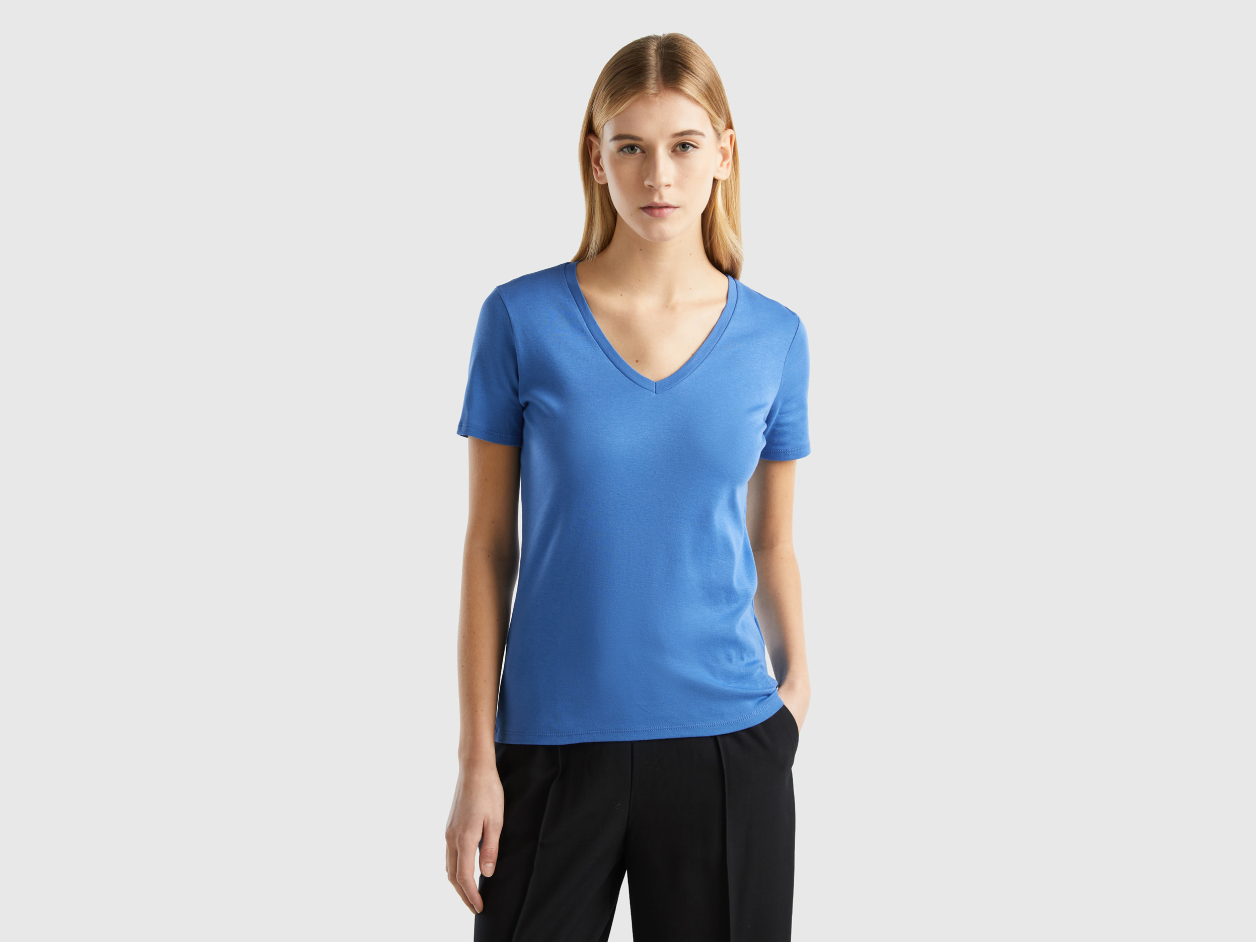 Benetton, Pure Cotton T-shirt With V-neck, size XL, Blue, Women