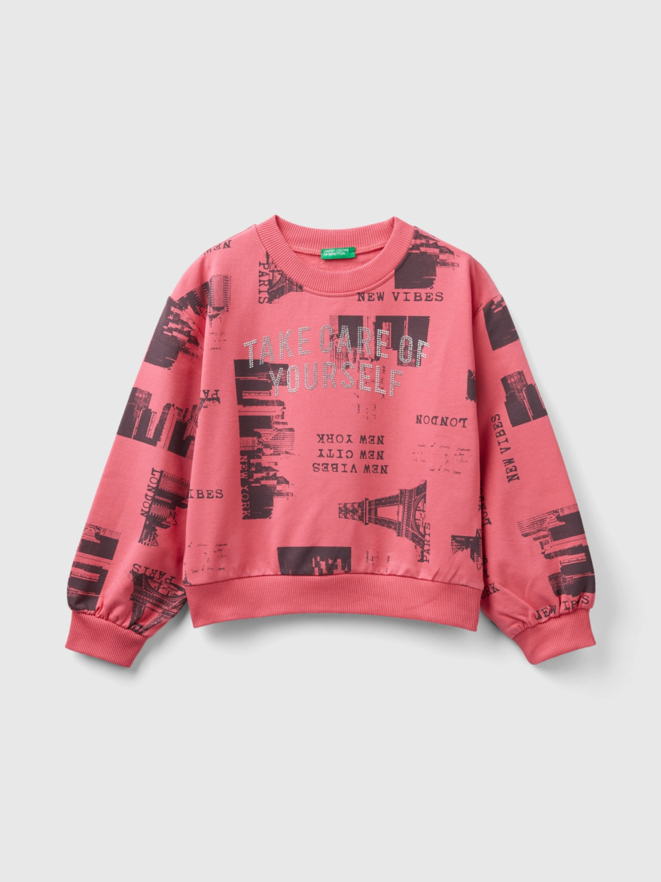 Benetton, Sweatshirt With City Print And Studs, Pink, Kids