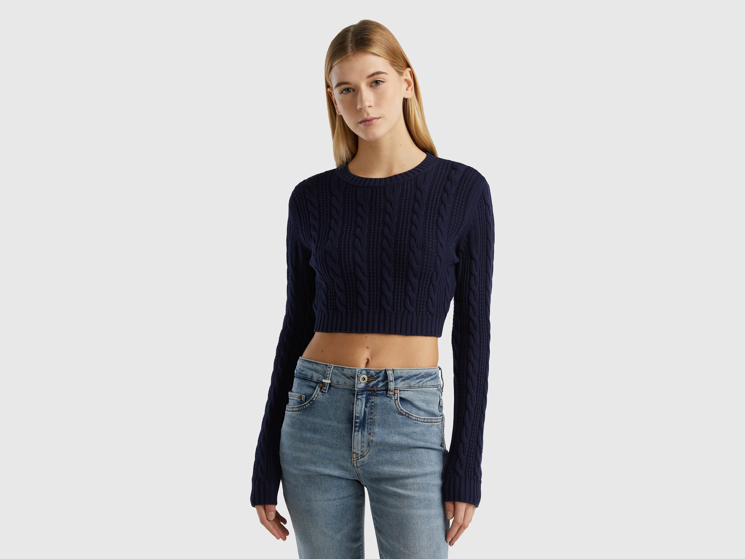 Benetton, Cropped Cable Knit Sweater, size L-XL, Dark Blue, Women