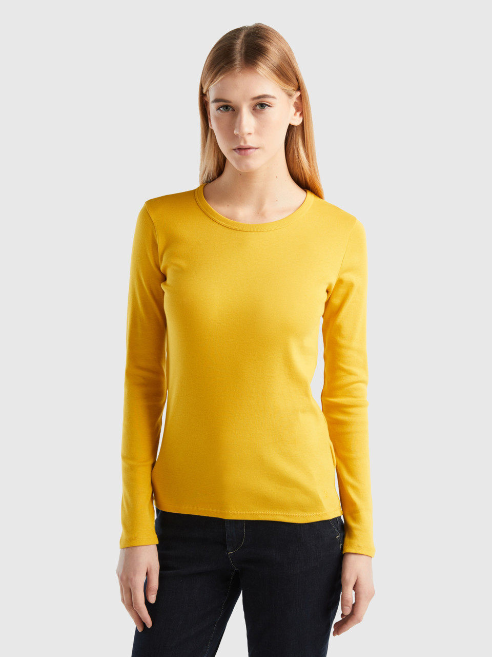 Benetton, Camiseta De Manga Larga De Algodón Puro, Amarillo, Mujer