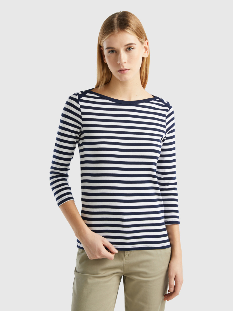 Benetton Online exclusive, Striped 3/4 Sleeve T-shirt In 100% Cotton, Dark Blue, Women