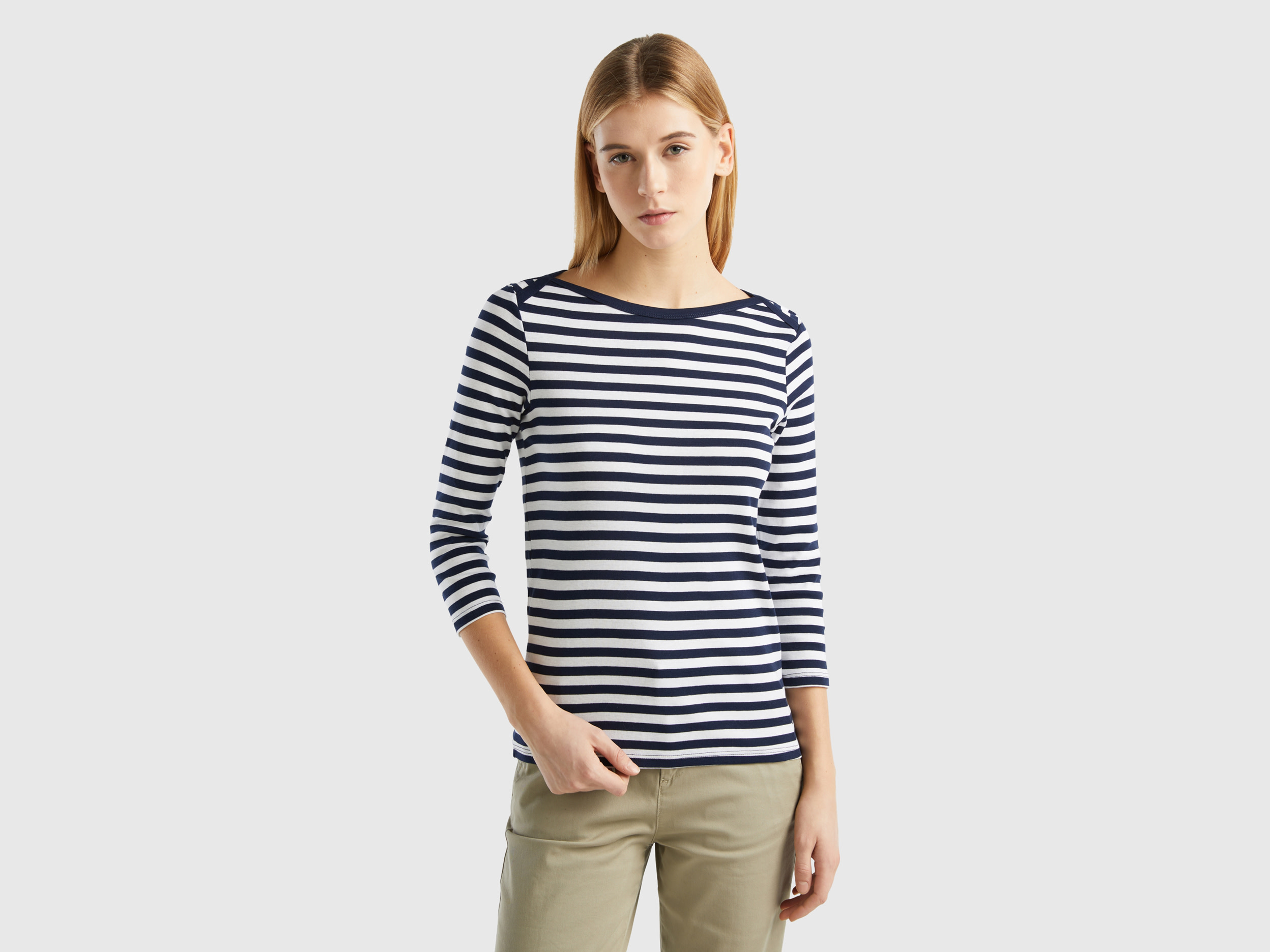 Benetton Online exclusive, Striped 3/4 Sleeve T-shirt In 100% Cotton, size L, Dark Blue, Women