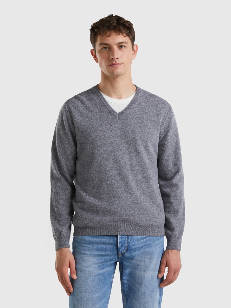 Benetton, Dark Gray V-neck Sweater In Pure Merino Wool, Dark Gray, Men