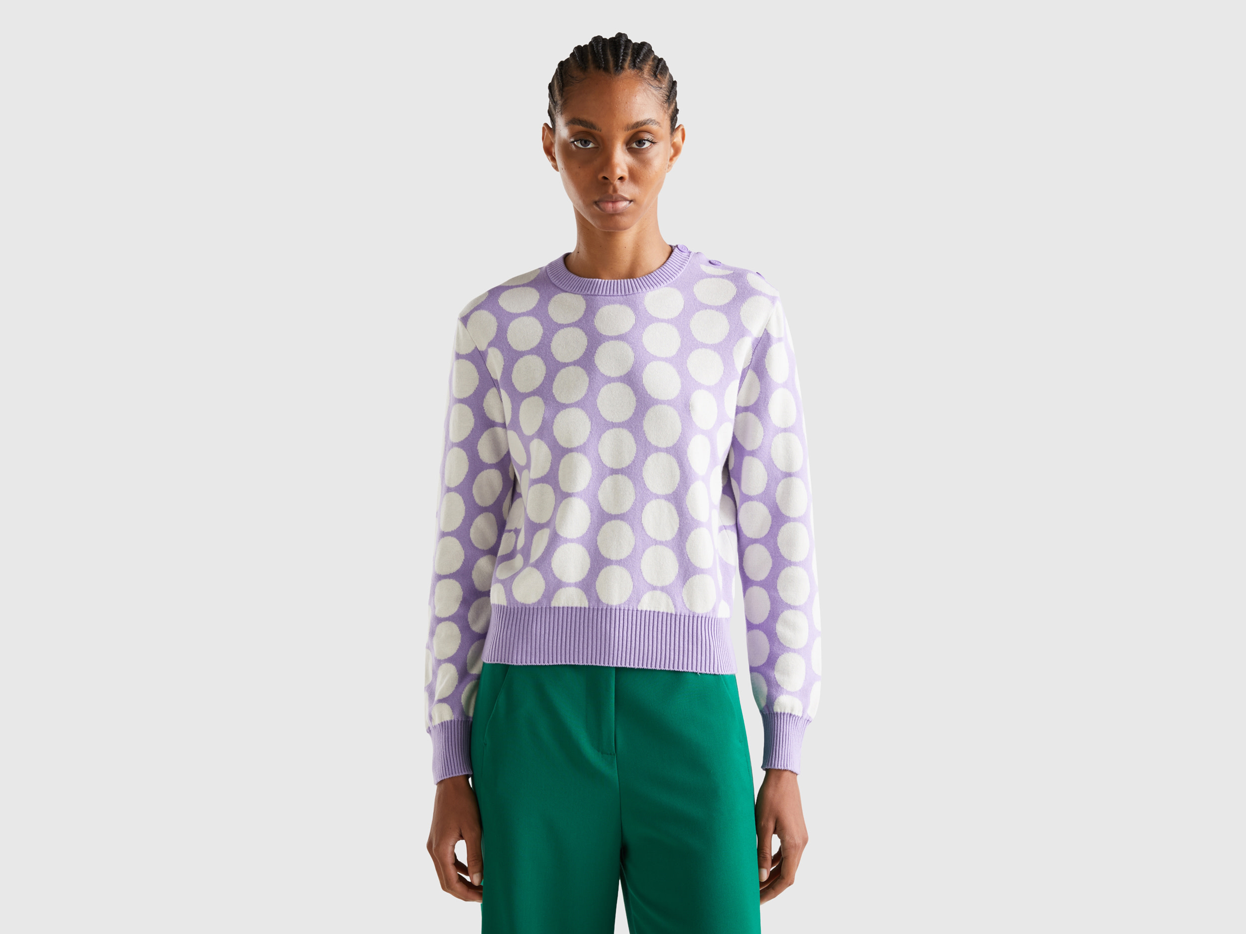 Benetton, Polka Dot Sweater In Tricot Cotton, size S, Lilac, Women