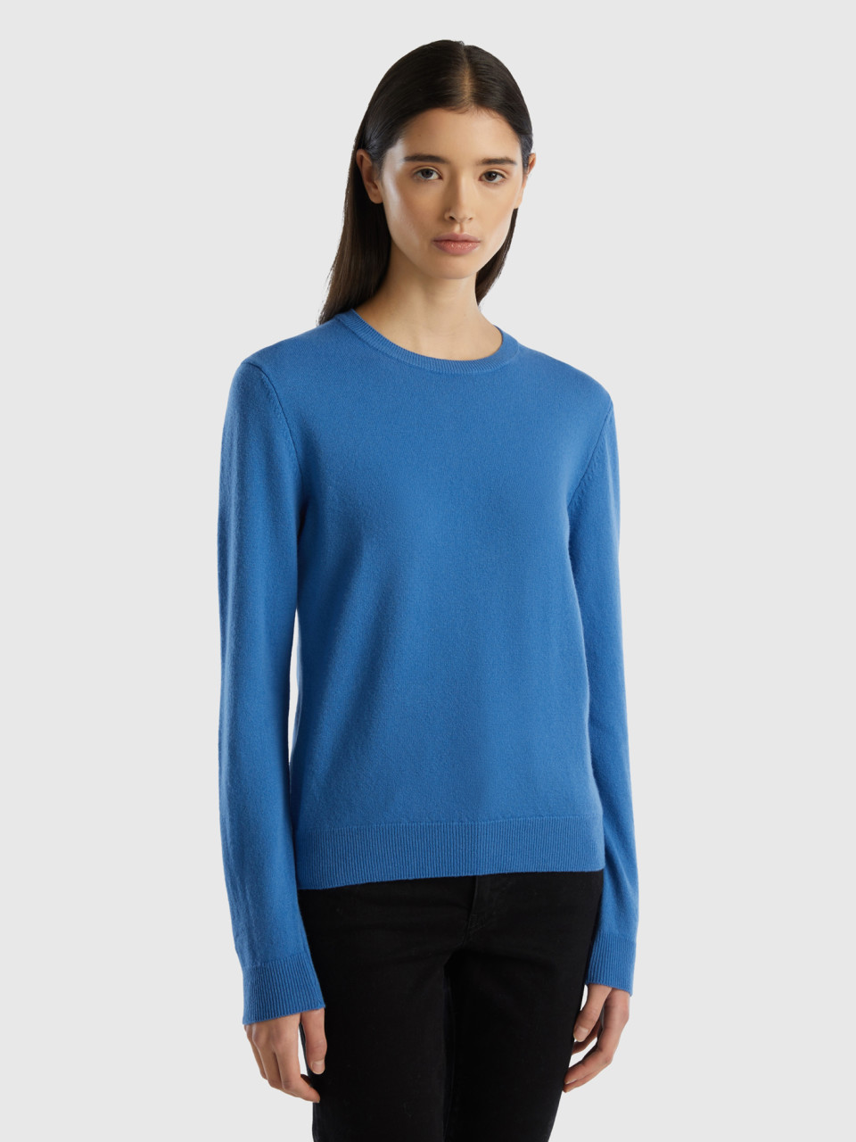 Benetton, Blue Crew Neck Sweater In Merino Wool, Blue, Women