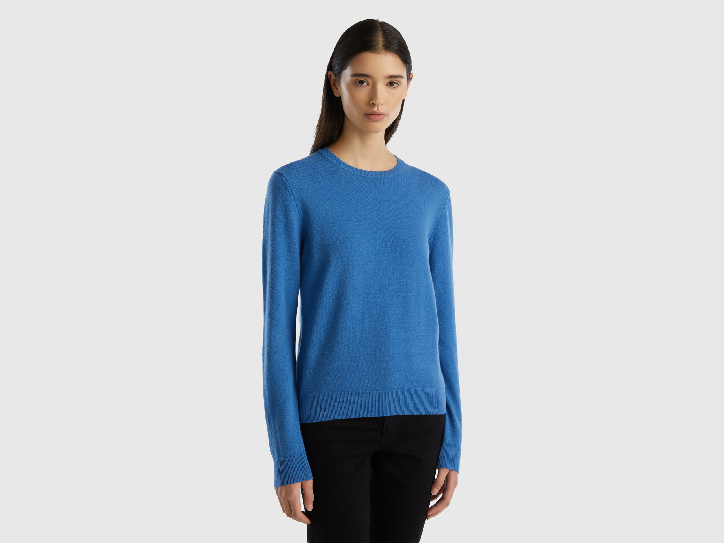 Benetton, Blue Crew Neck Sweater In Merino Wool, size M, Blue, Women