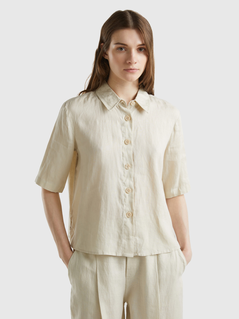 Benetton, Short Shirt In Pure Linen, Beige, Women