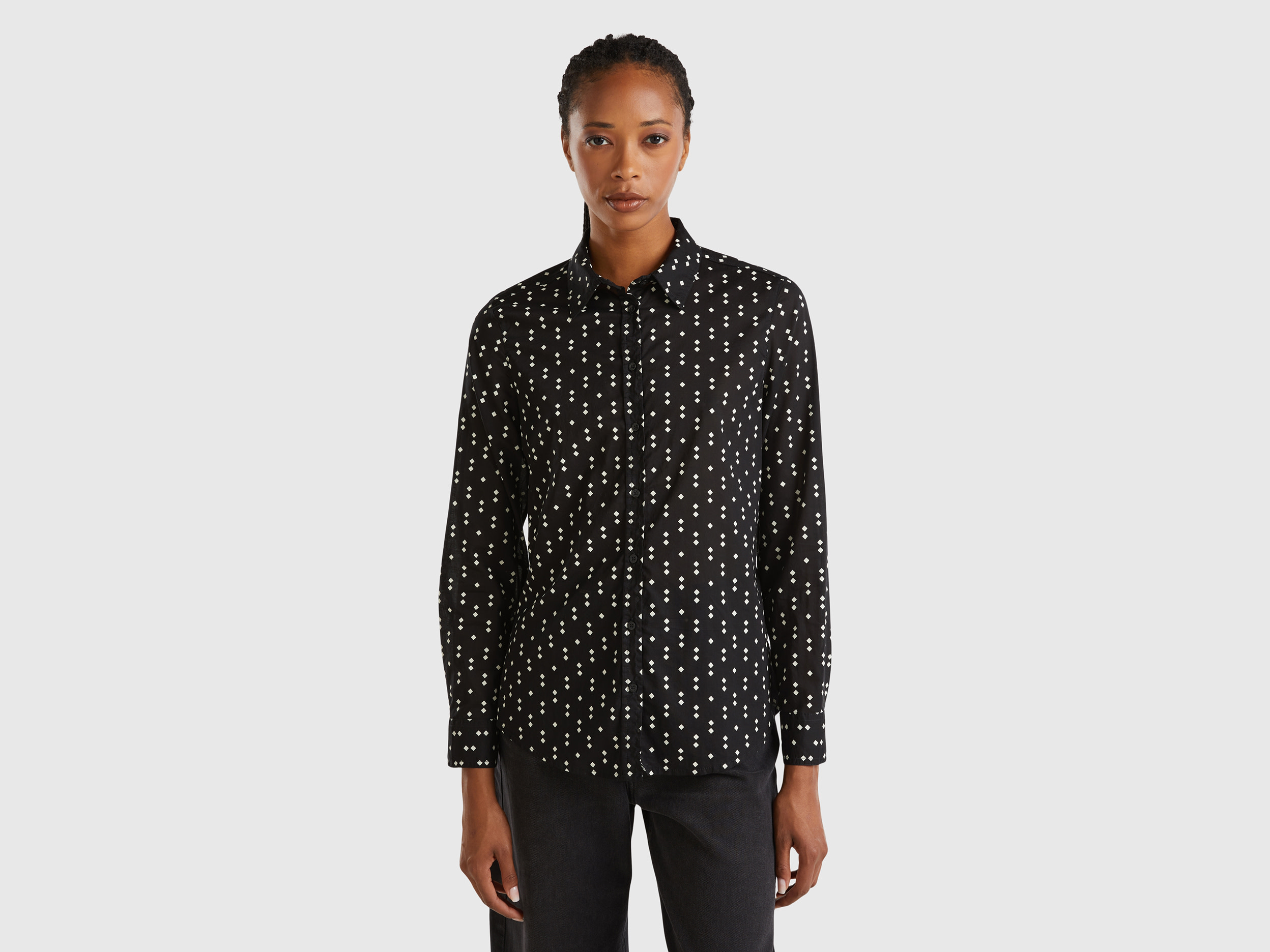 Benetton, Camicia Fantasia 100% Cotone, Nero, Donna