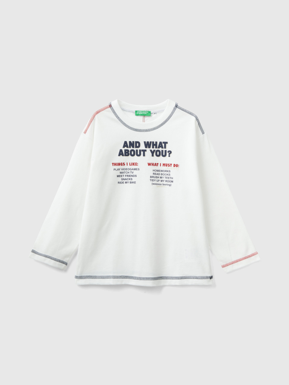 Benetton, T-shirt À Col Rond Et Imprimé, Blanc, Enfants