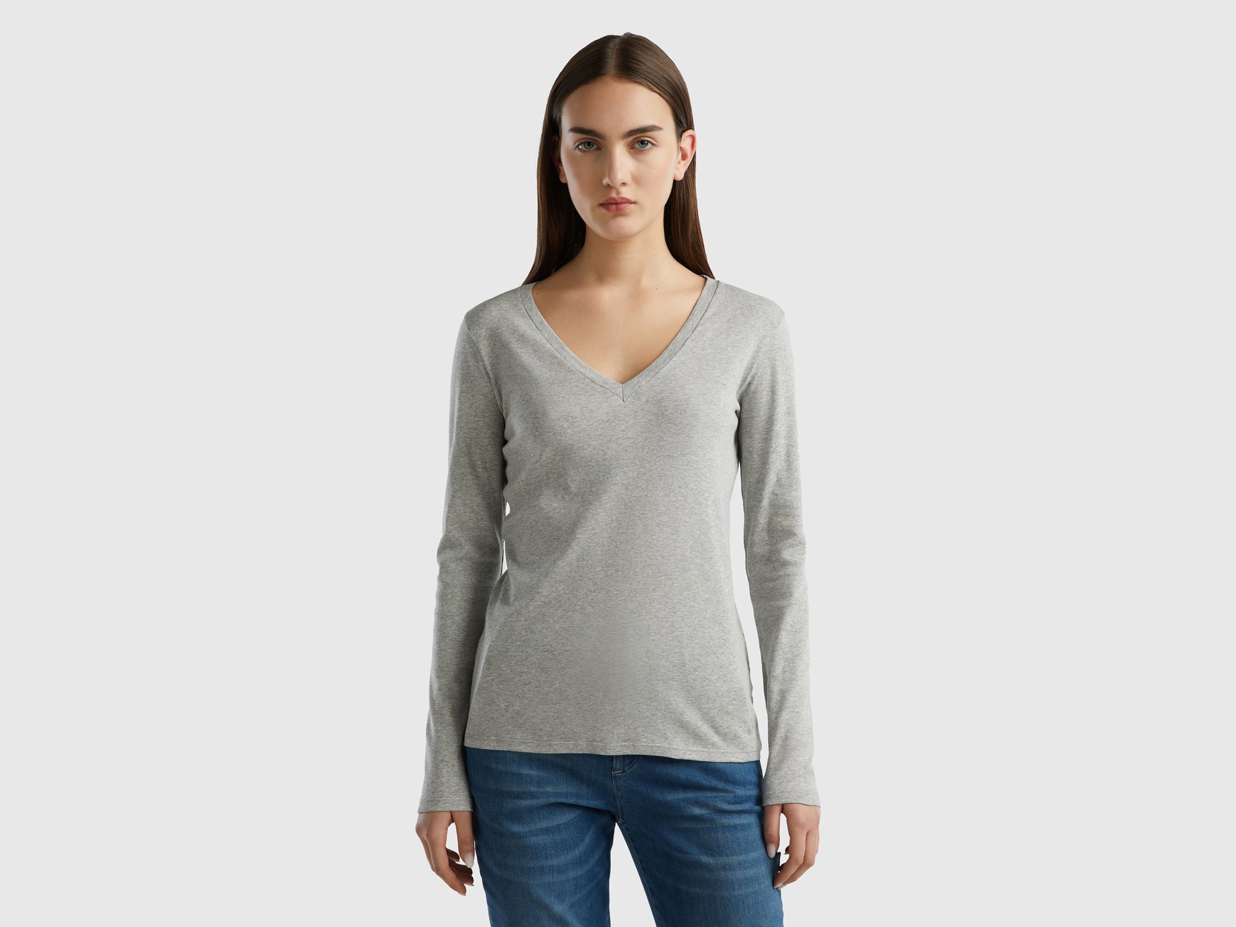 United Colors of Benetton Benetton, T-shirt Μακρυμάνικο Με V Λαιμόκοψη, size XS, Ανοιχτο Γκρι, Γυναικεία