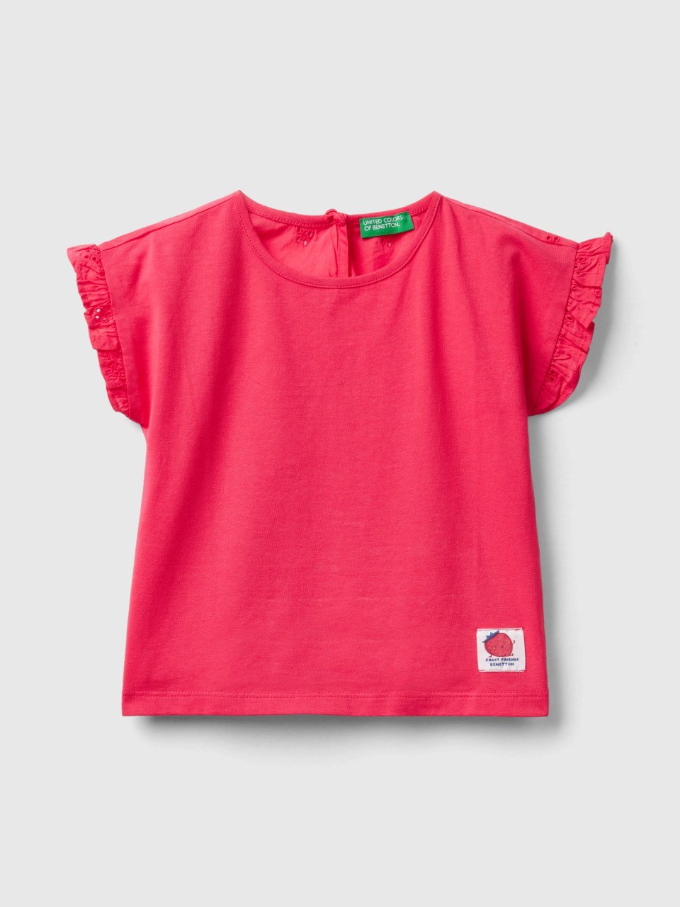 Benetton, T-shirt With Rouches And Broderie Anglaise Embroidery, Fuchsia, Kids