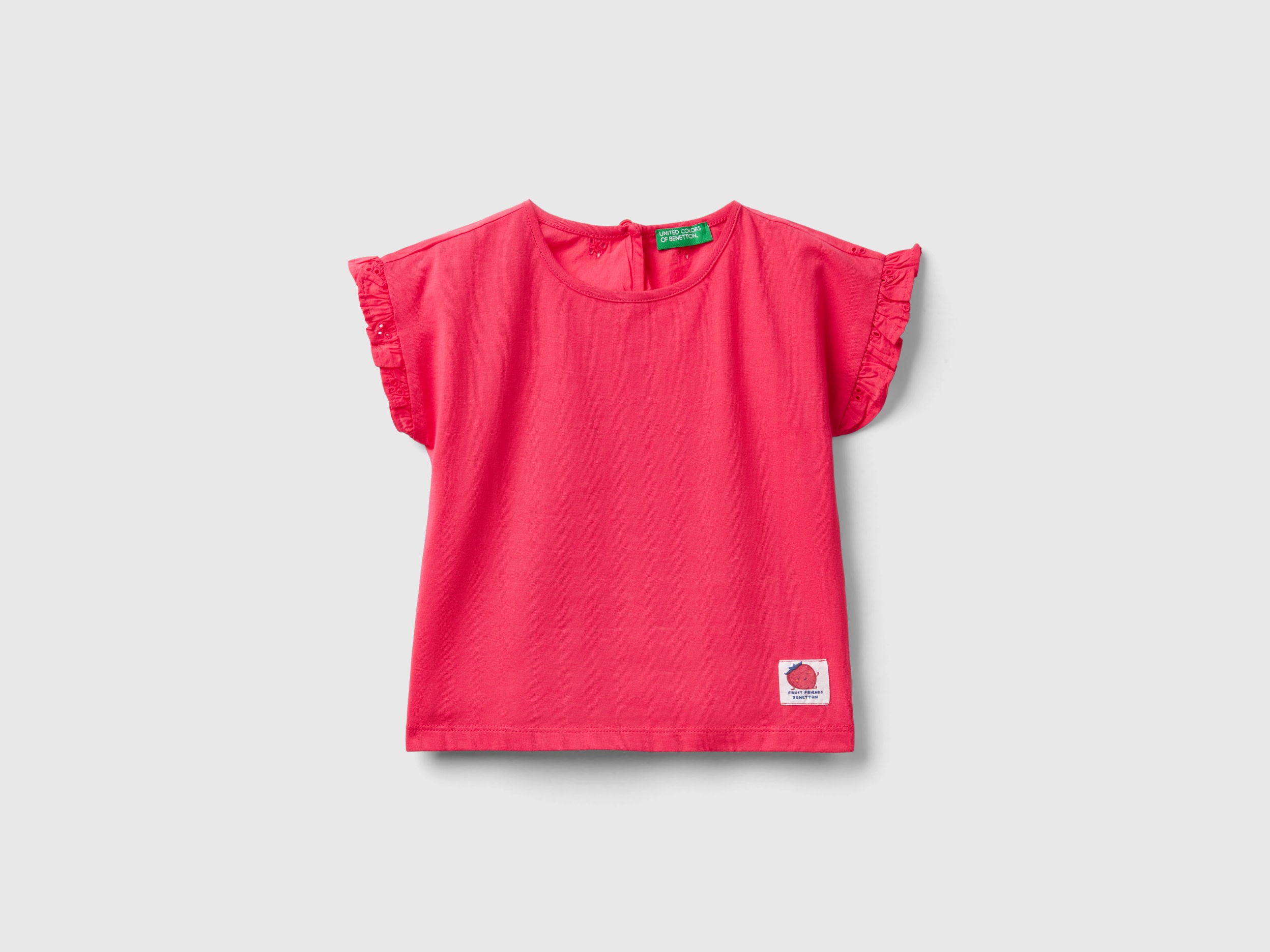 Benetton, T-shirt Con Rouches E Ricami Sangallo, Fucsia, Bambini