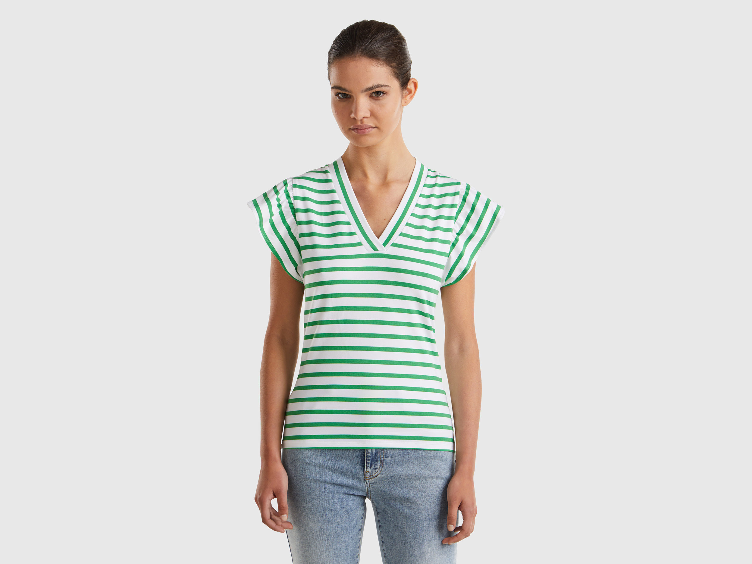 Benetton, T-shirt Con Manica Ad Aletta, Verde, Donna