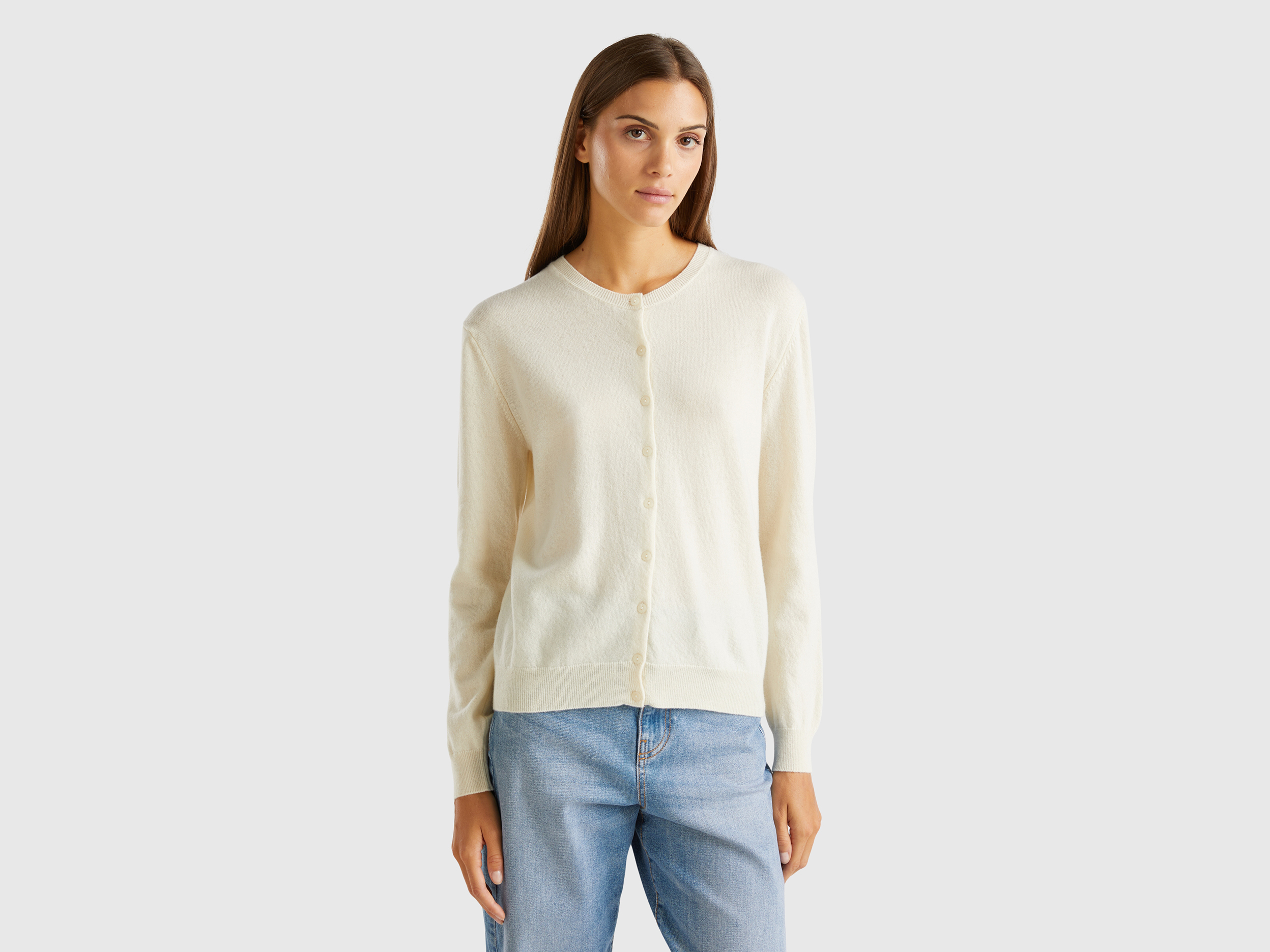 Benetton, Cream Crew Neck Cardigan In Pure Merino Wool, size S, Creamy White, Women