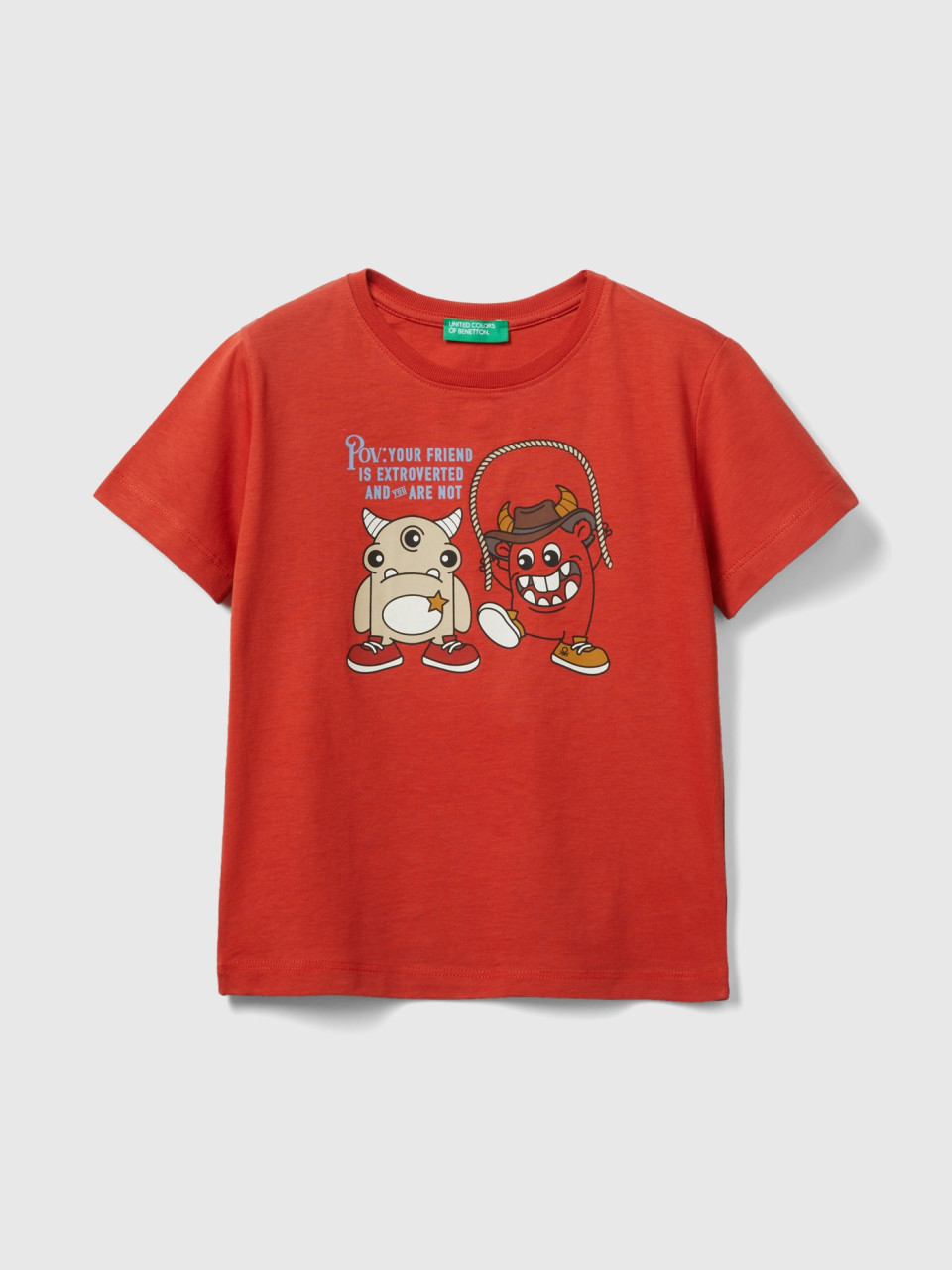 Benetton, Camiseta Con Estampado De Animalitos, Rojo, Niños