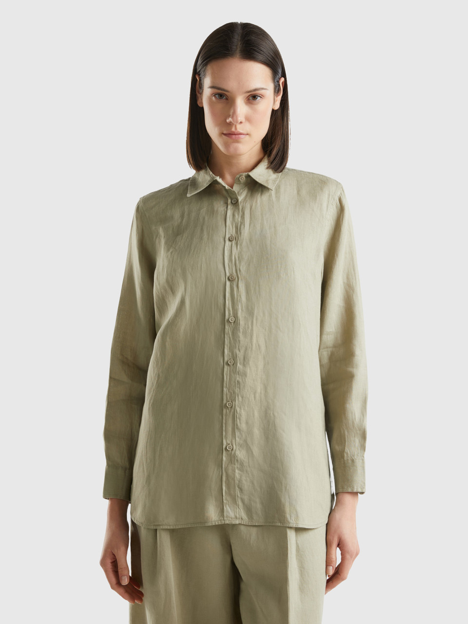 Benetton, Long Shirt In Pure Linen, Light Green, Women