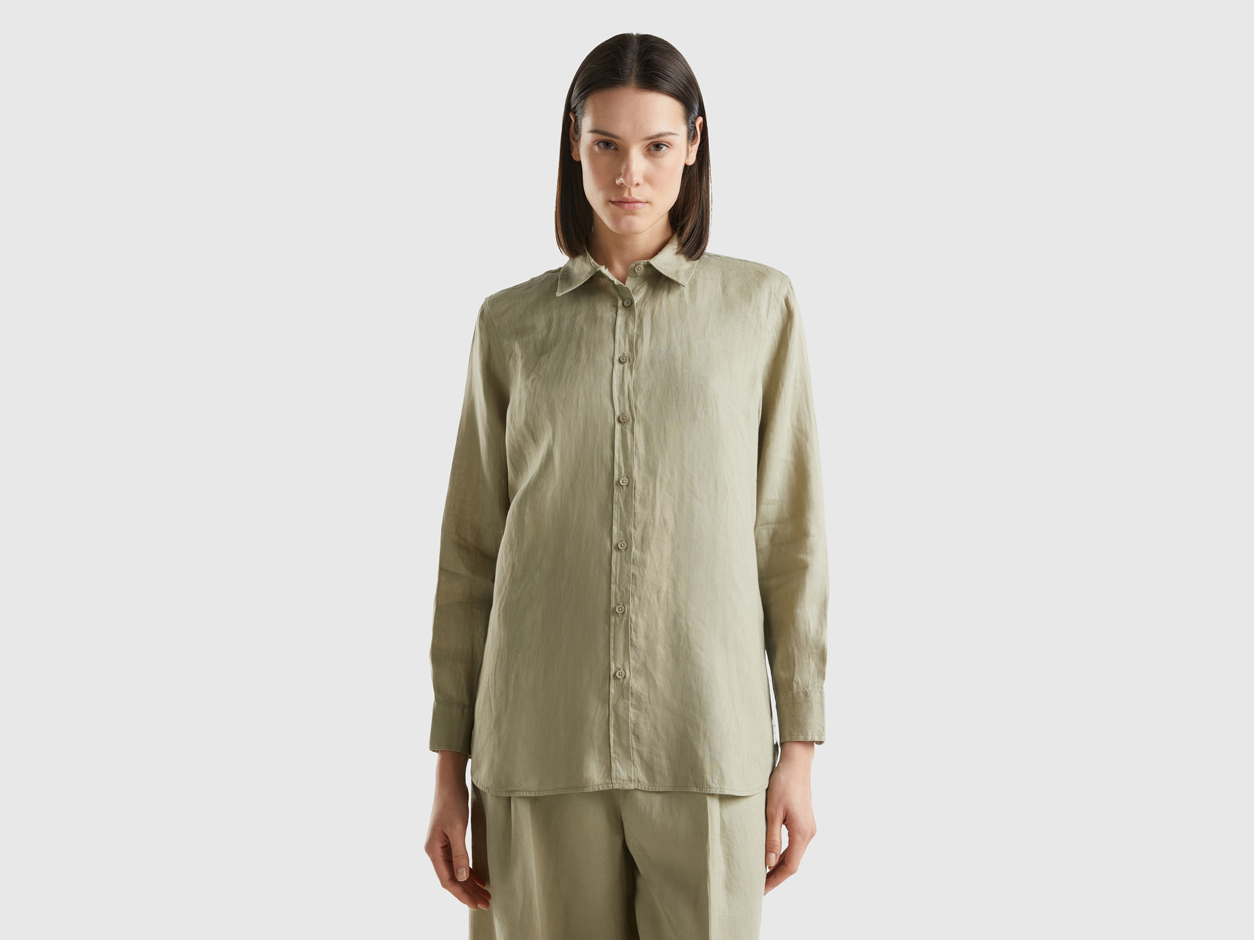 Benetton, Camicia Lunga In Puro Lino, Verde Chiaro, Donna