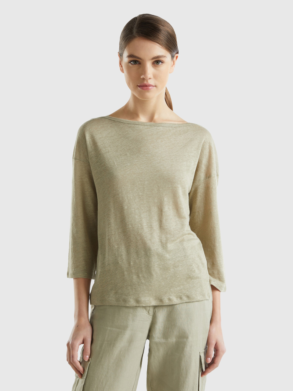 Benetton, 3/4 Sleeve T-shirt In Pure Linen, Light Green, Women