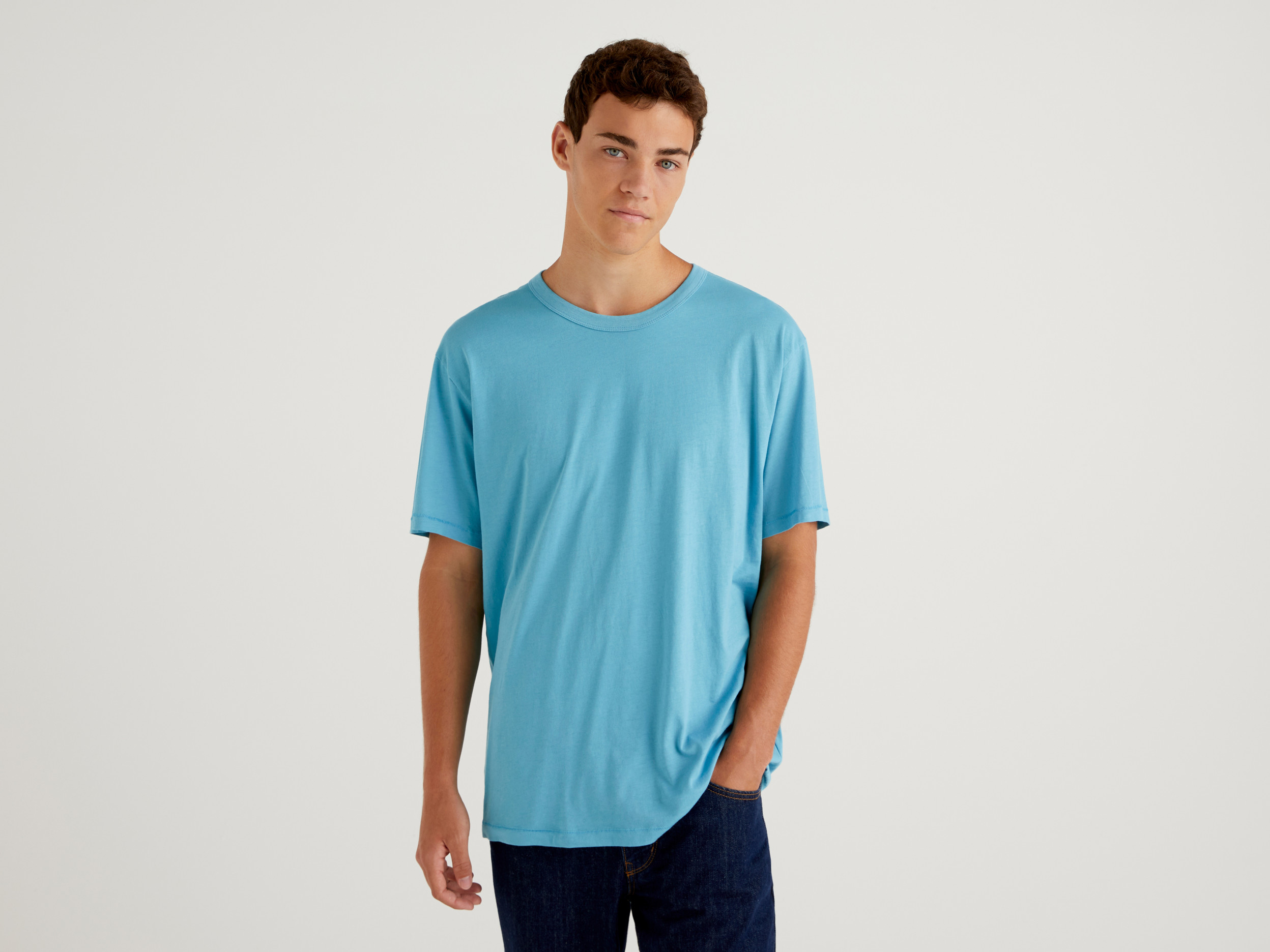 Benetton, T shirt In Puro Cotone Biologico, Blu Chiaro, Uomo