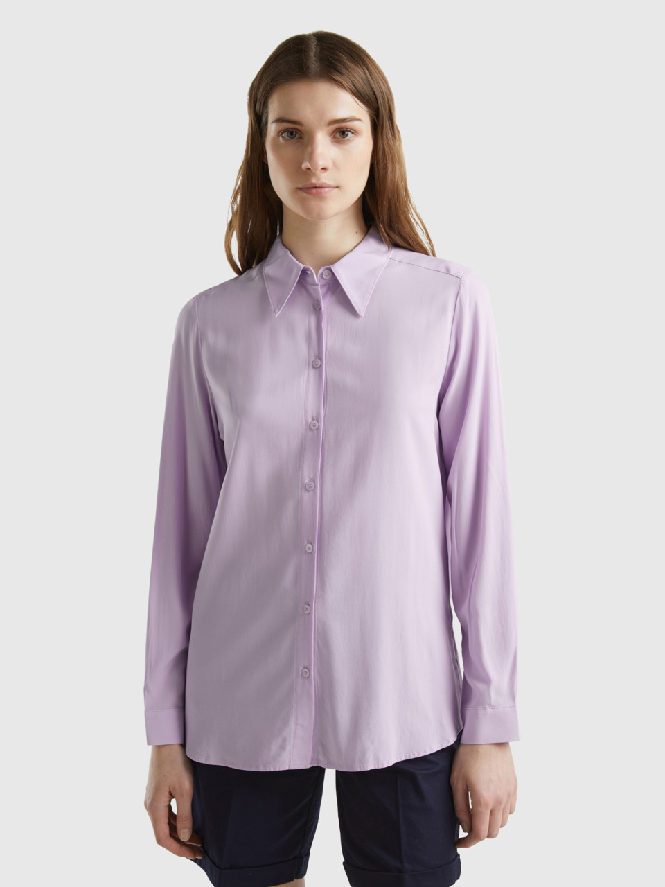 Benetton, Regular Fit Shirt In Sustainable Viscose, Lilac, Women