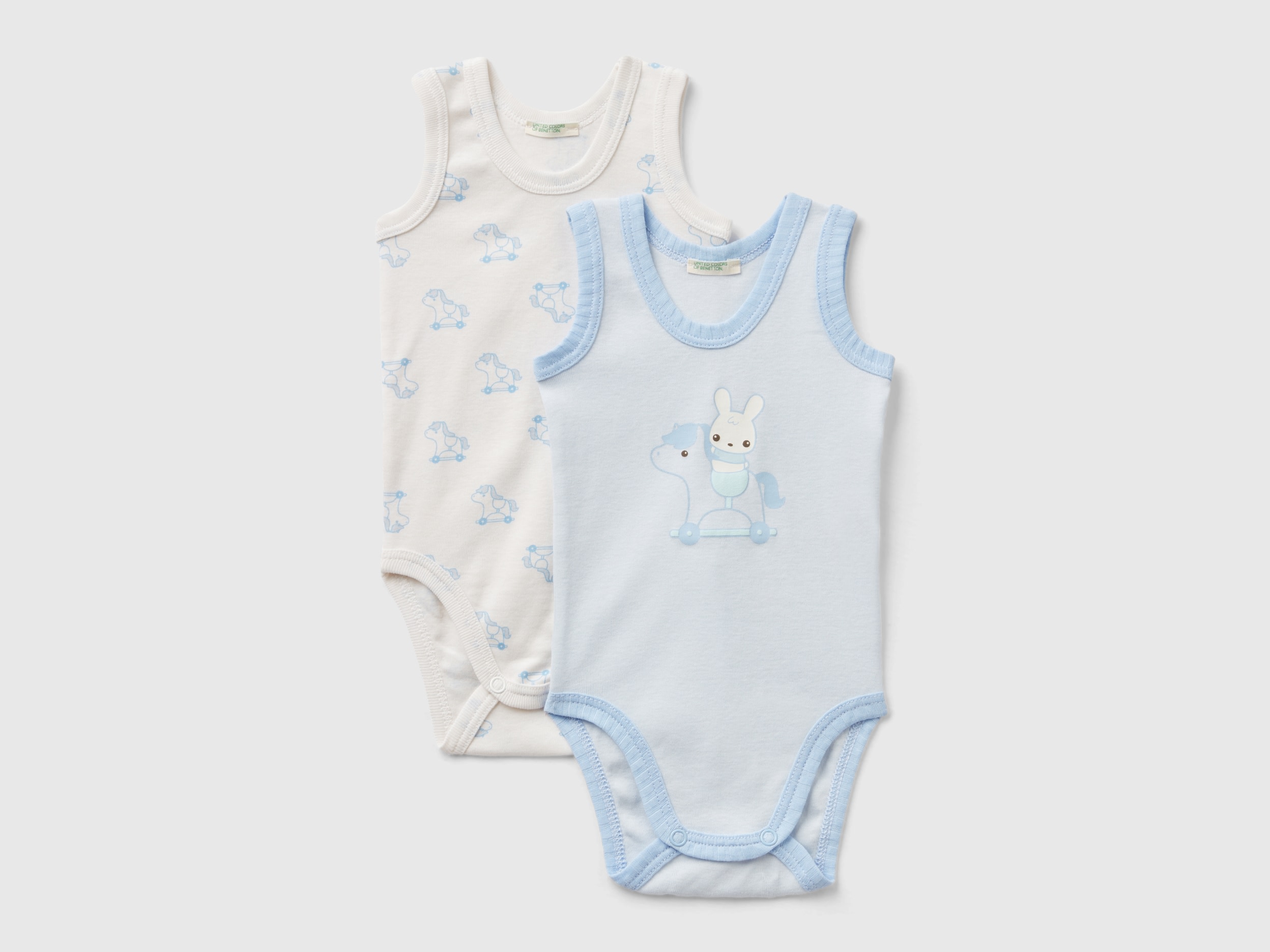 Image of Benetton, Two Tank Top Bodysuits In Organic Cotton, size 50, Light Blue, Kids
