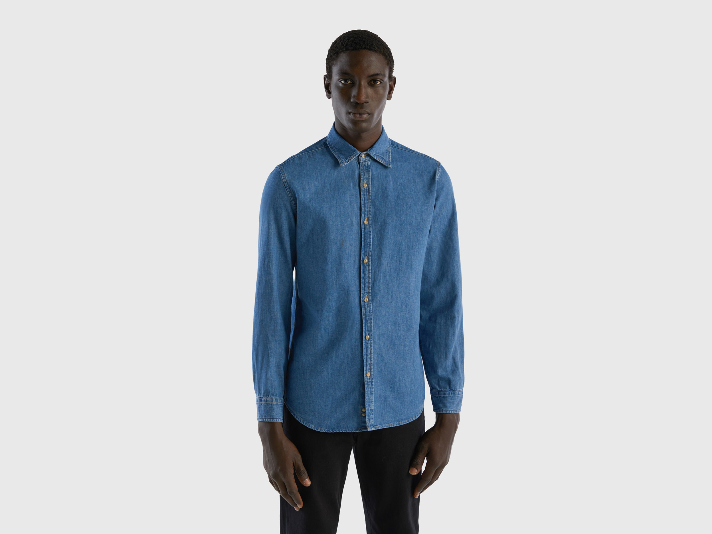 Benetton, Camicia Di Jeans 100% Cotone, Blu, Uomo