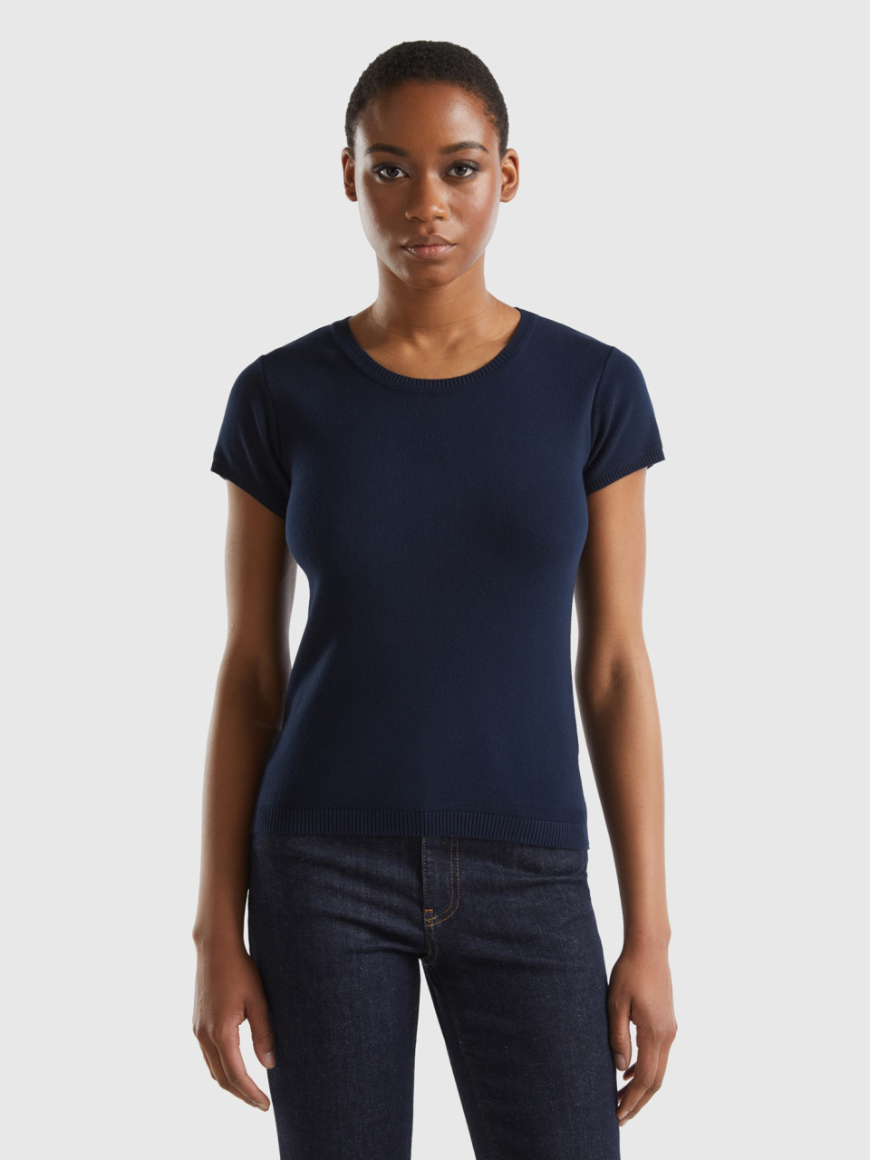 Benetton Online exclusive, Short Sleeve Sweater In 100% Cotton, Dark Blue, Women
