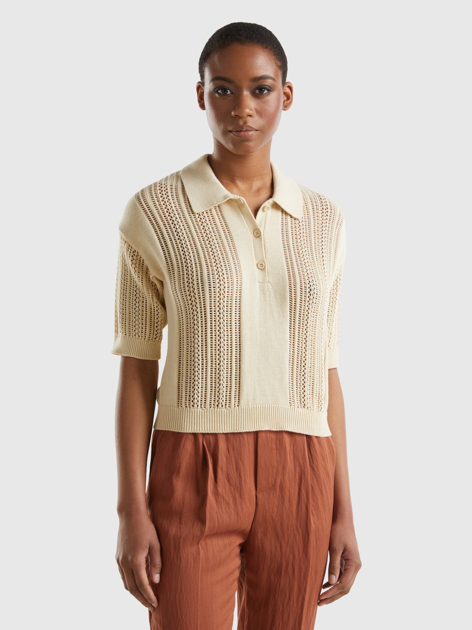 Benetton, Crochet Knit Polo Shirt, Beige, Women