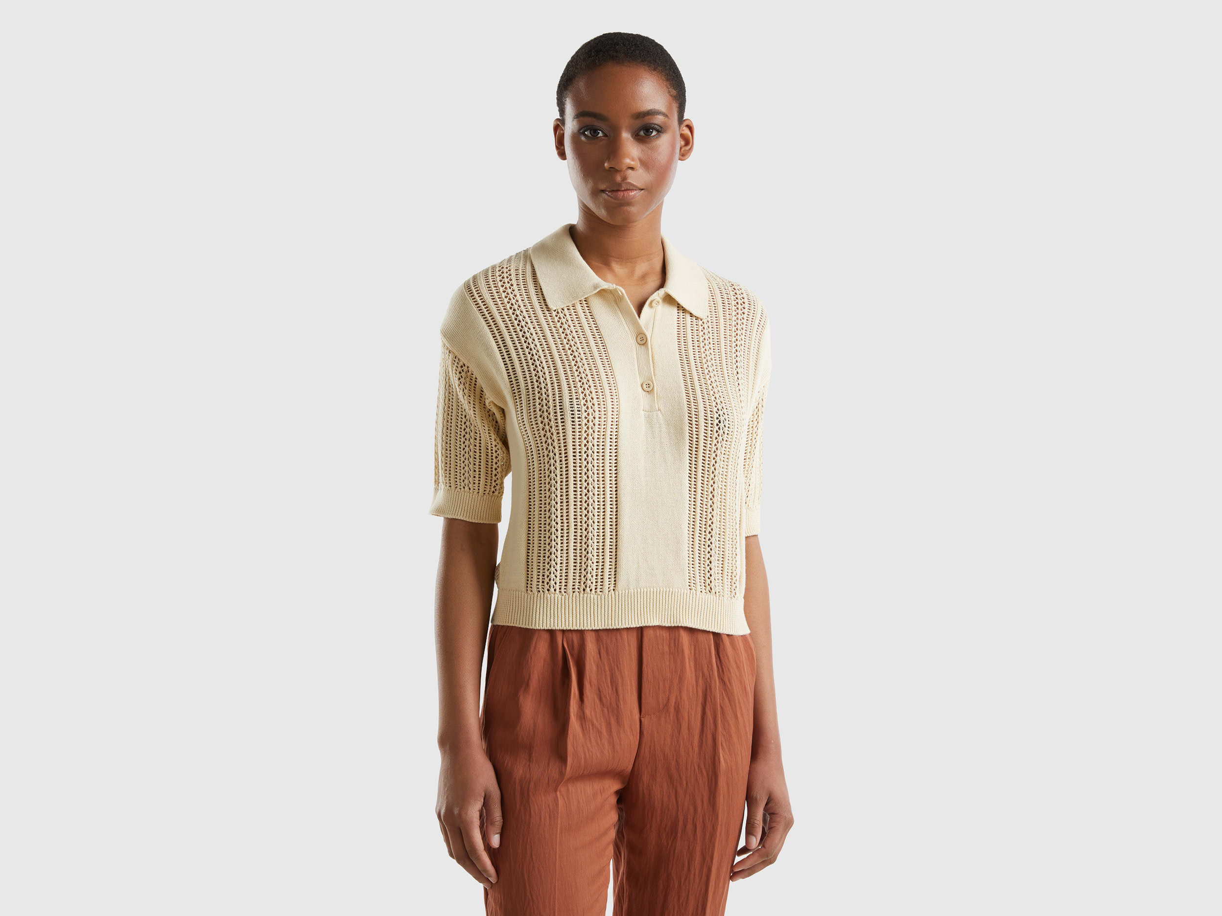 Benetton, Polo In Maglia Crochet, Beige, Donna