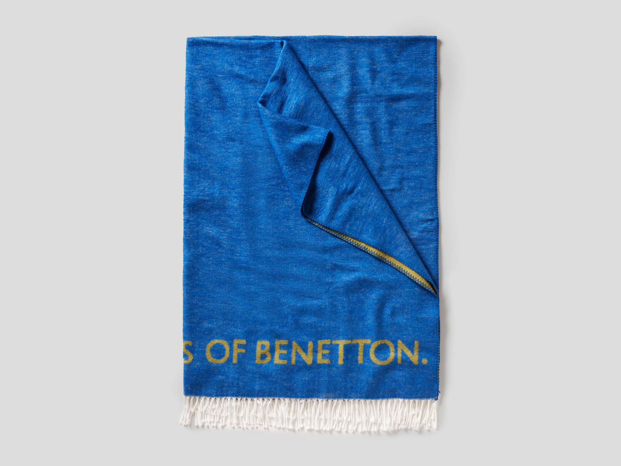 Benetton, Coperta Sfrangiata Con Logo, Bluette, Casa Benetton