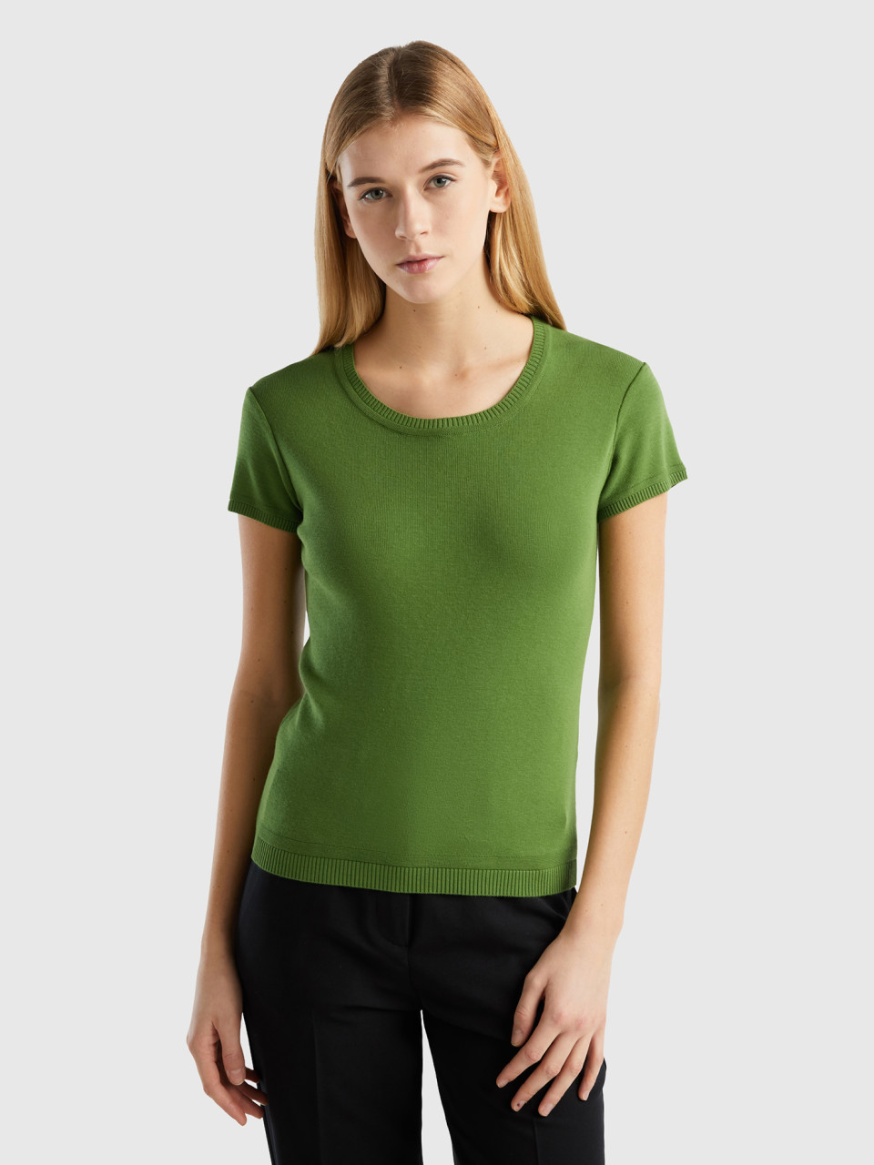 Benetton, Short Sleeve Sweater In 100% Cotton, Military Green, Women