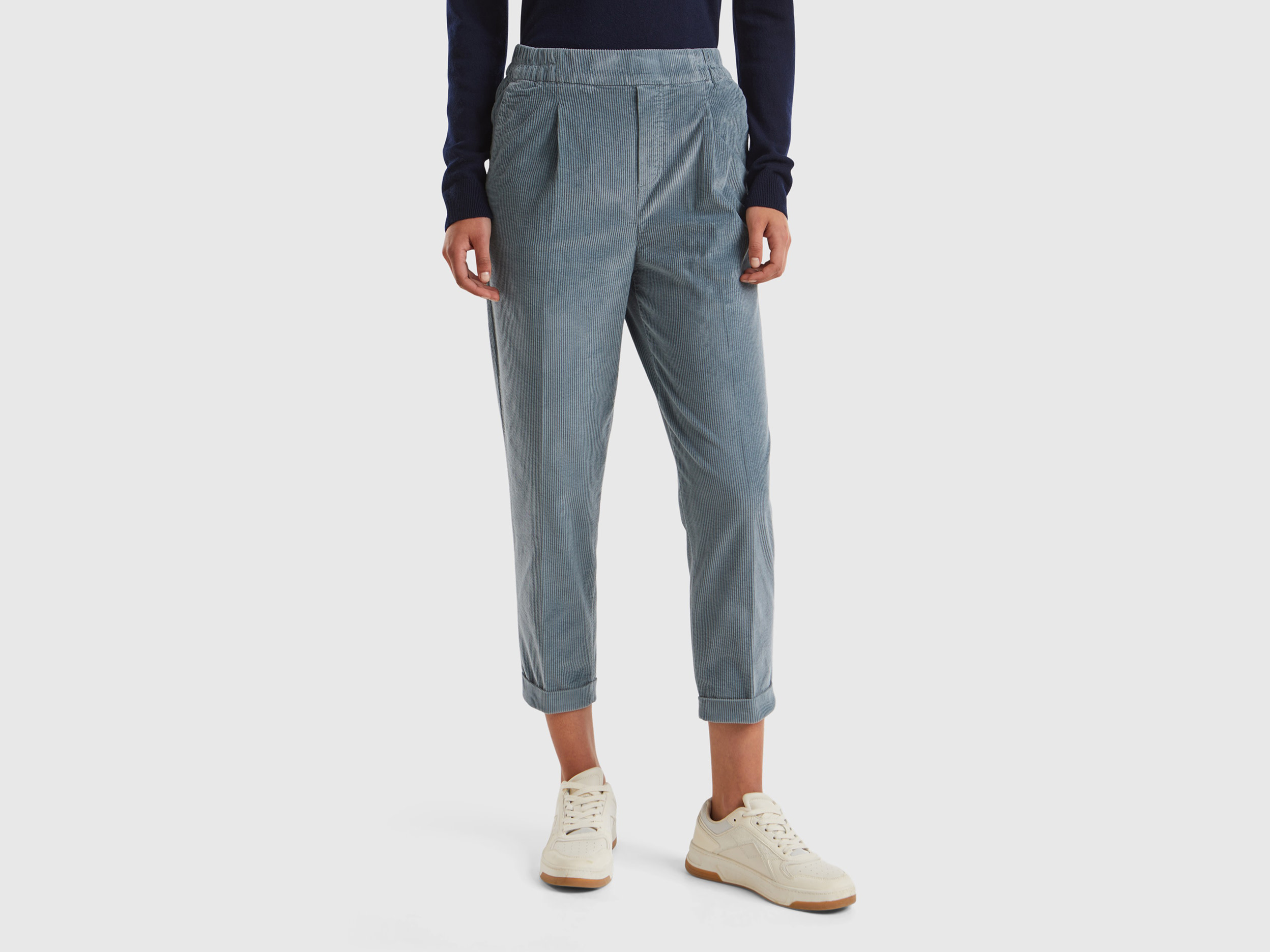 Benetton, Chino In Velluto Con Vita Elasticizzata, Grigio Scuro, Donna