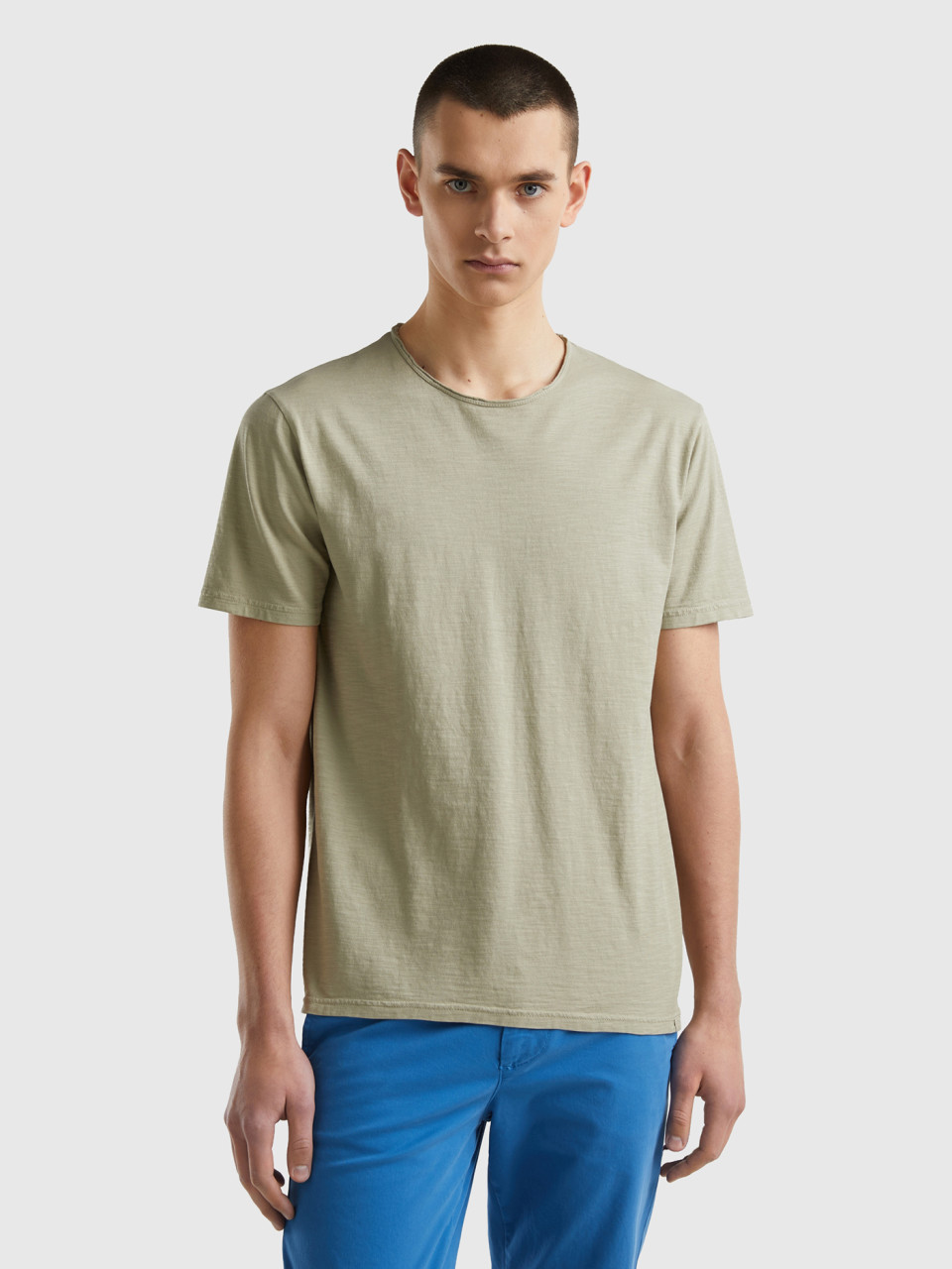 Benetton, Sage Green Slub Cotton T-shirt, Light Green, Men