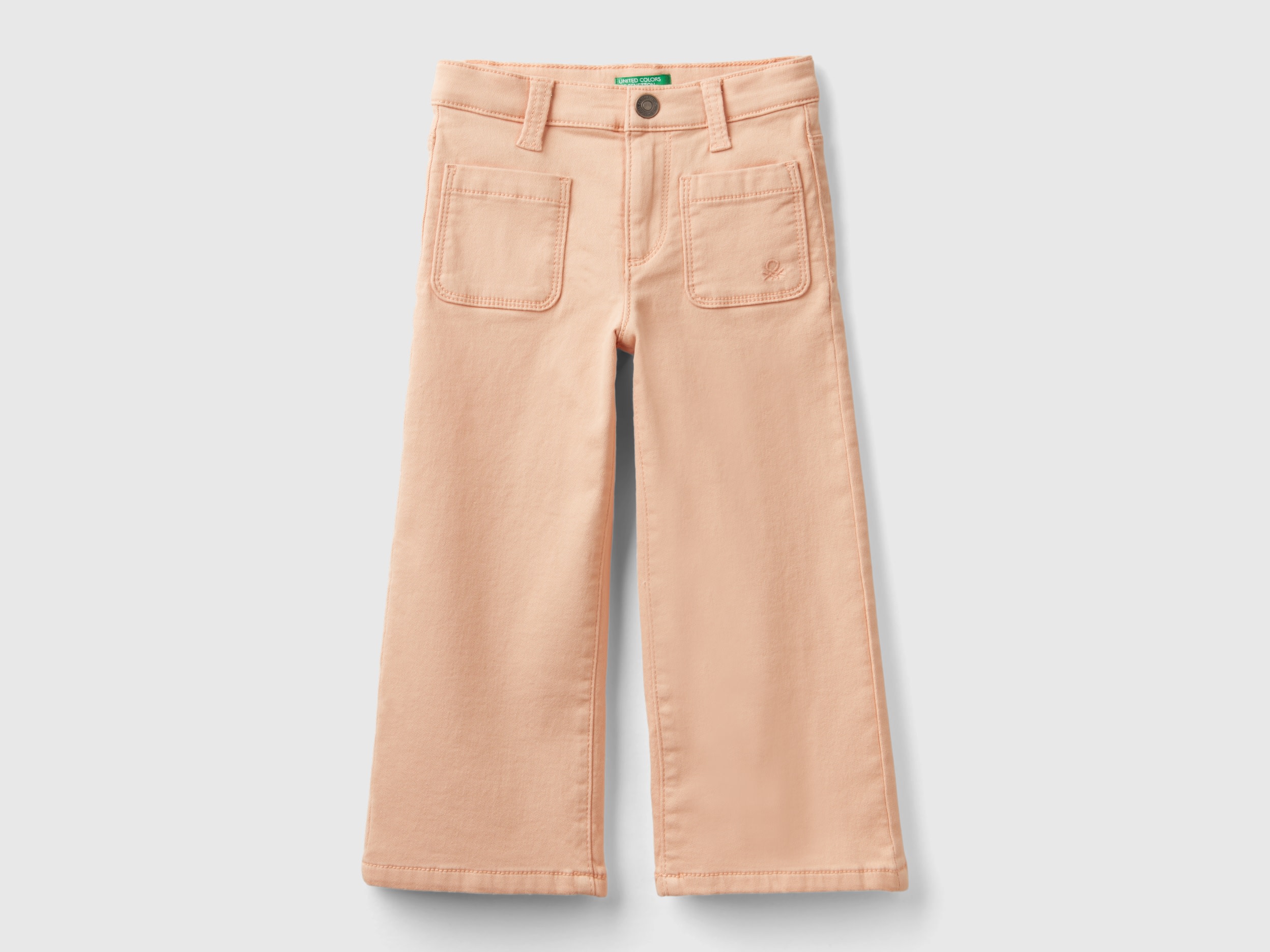 Benetton, Pantaloni Ampi In Cotone Stretch, Rosa Tenue, Bambini