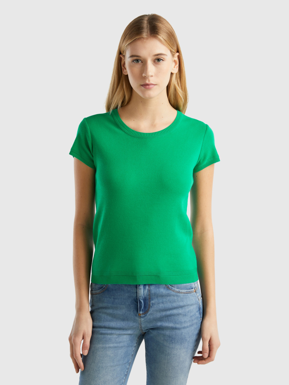Benetton, Short Sleeve Sweater In 100% Cotton, Green, Women