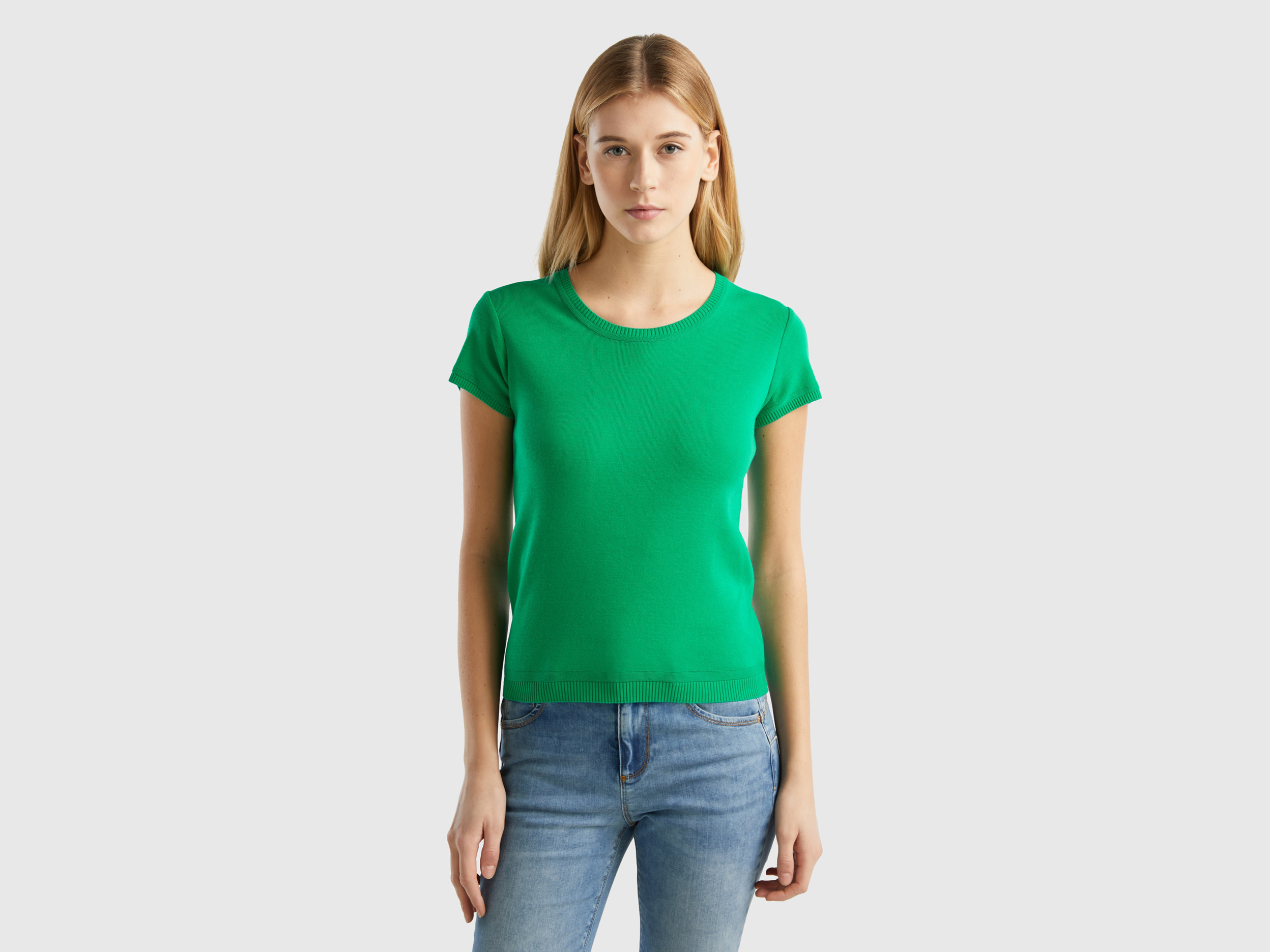 Benetton, Short Sleeve Sweater In 100% Cotton, size XS, Green, Women