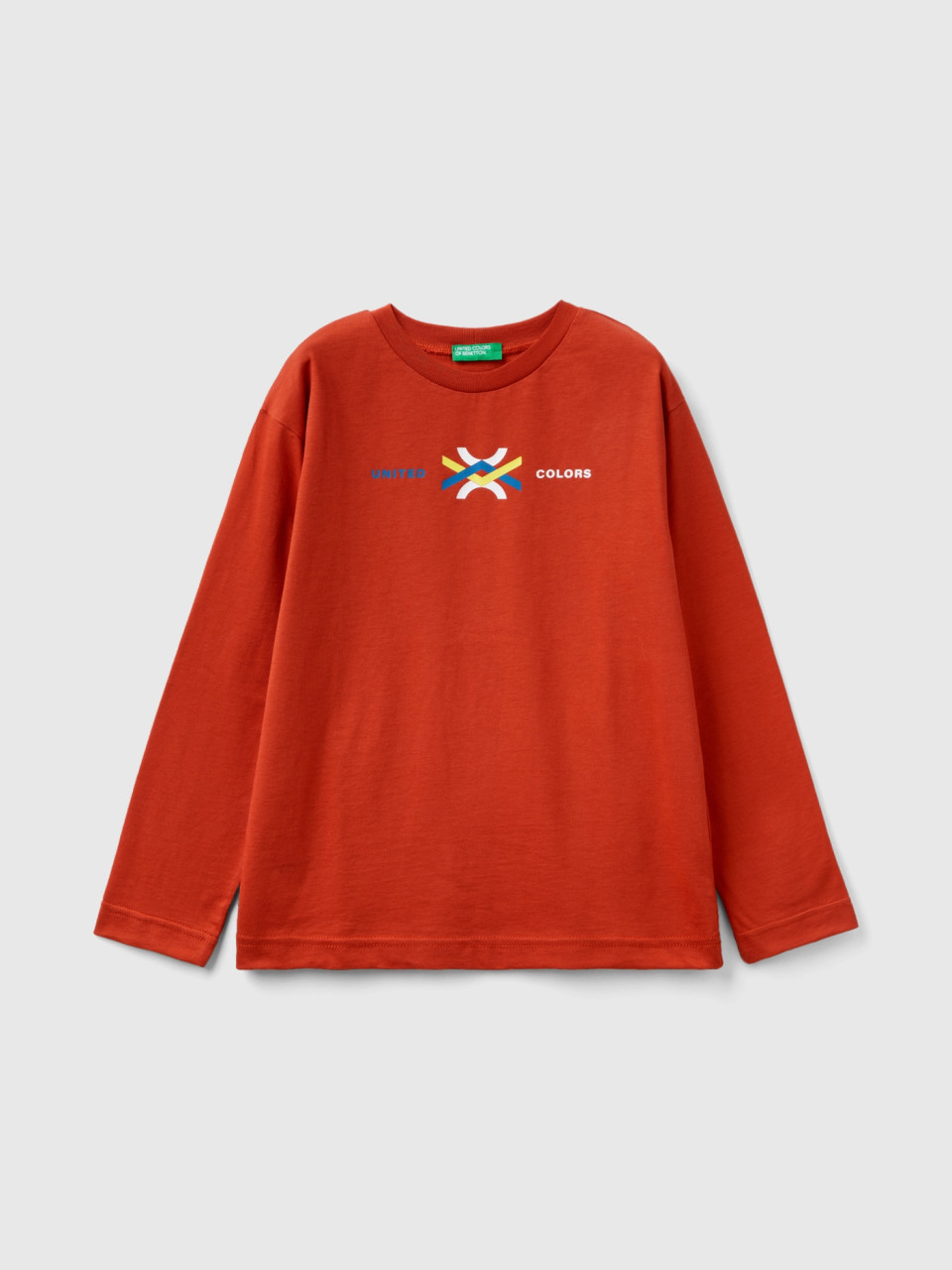 Benetton, Camiseta De Manga Larga De Algodón Orgánico, Rojo Teja, Niños