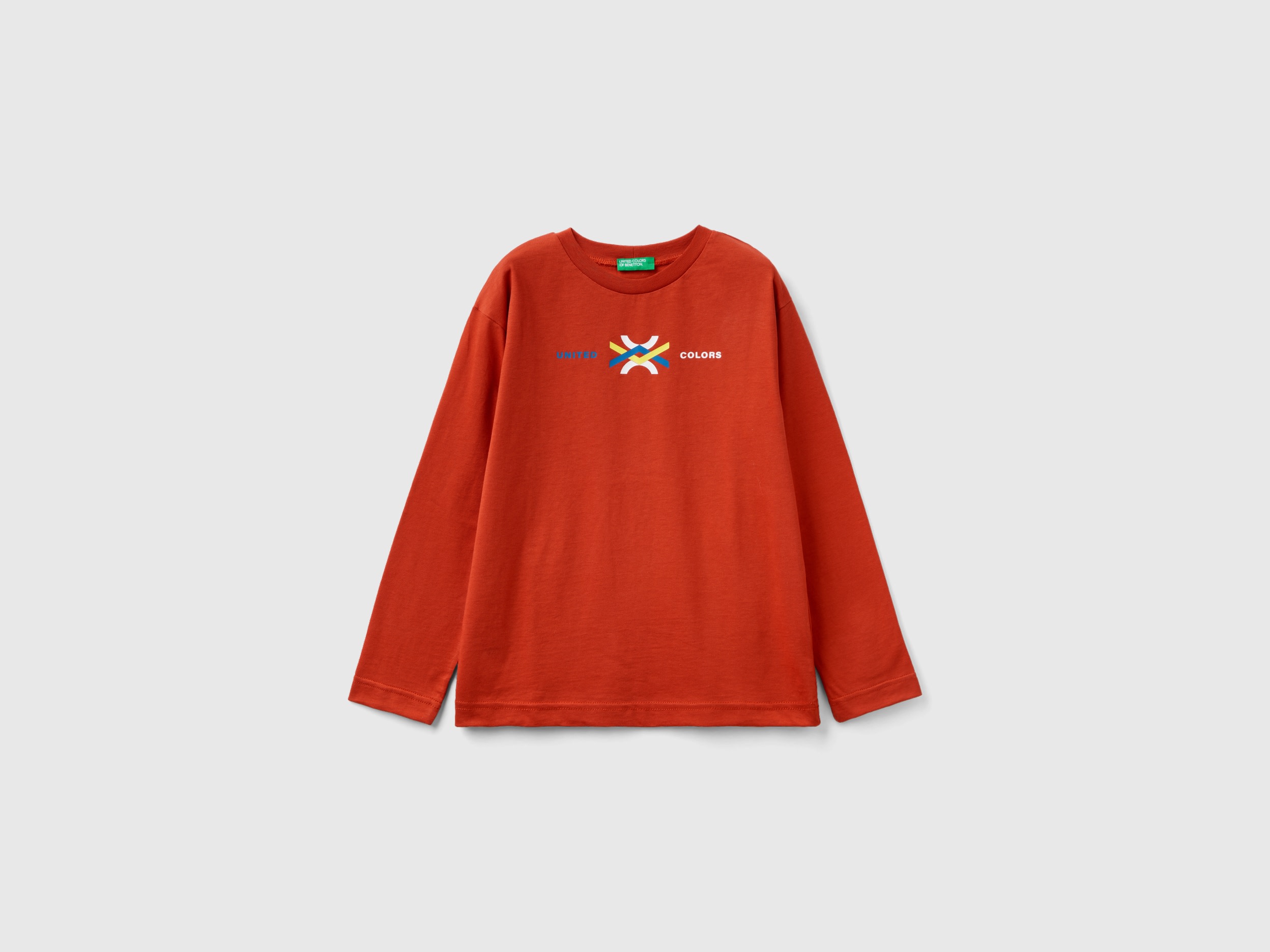 Image of Benetton, Long Sleeve Organic Cotton T-shirt, size 2XL, Brick Red, Kids