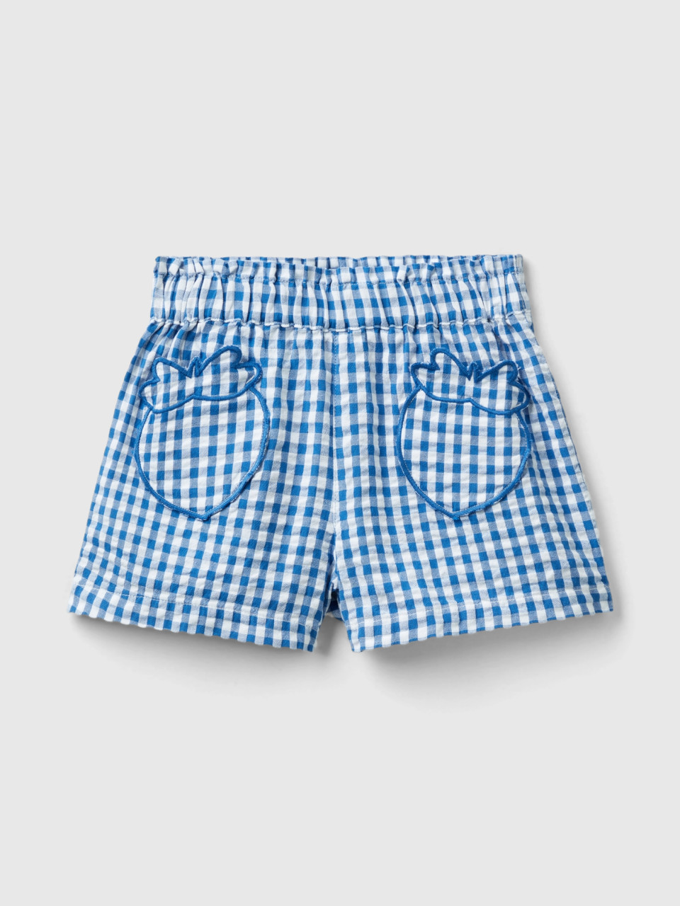 Benetton, Vichy Bermuda Shorts With Fruit Pockets, Blue, Kids