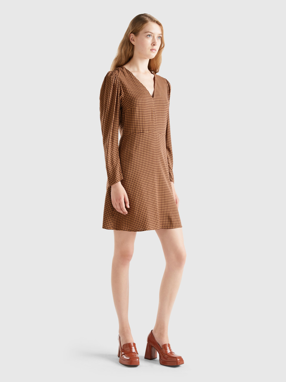 Benetton, Patterned Dress In Sustainable Viscose, Brown, Women