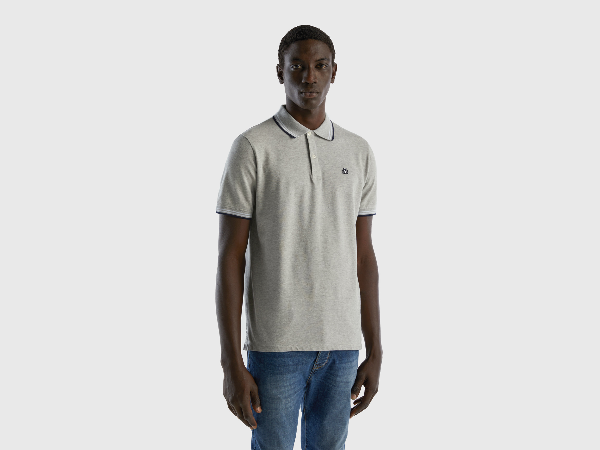 Benetton, Short Sleeve Stretch Cotton Polo, size XXXL, Light Gray, Men