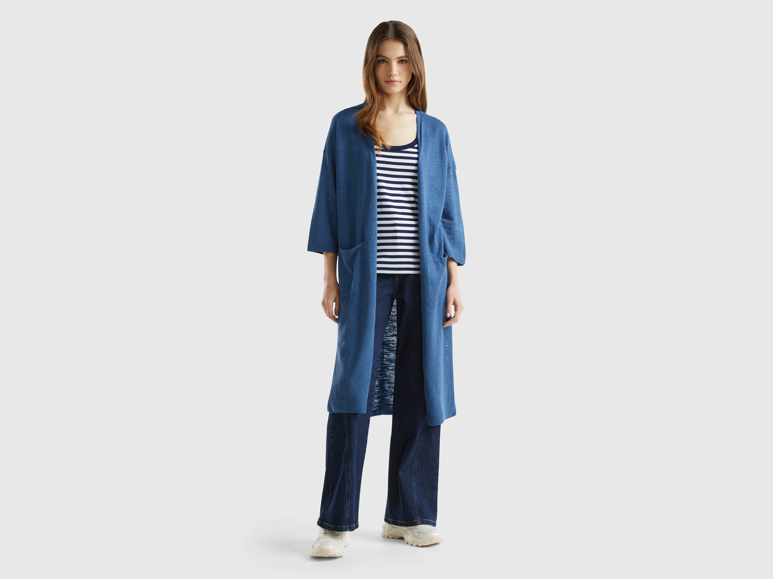 Benetton, Cardigan Lungo In Misto Lino, Avio, Donna