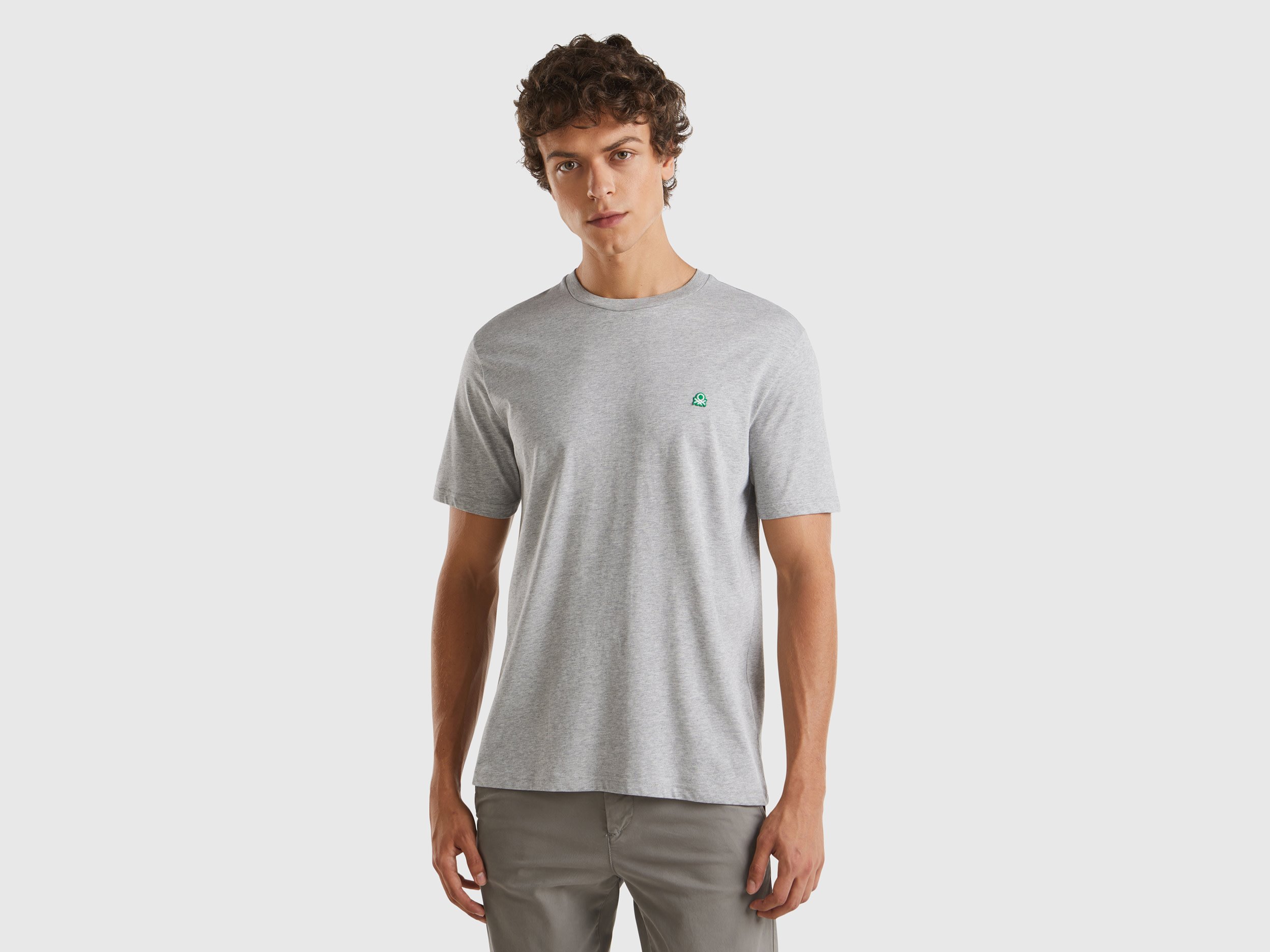 Image of Benetton, 100% Organic Cotton Basic T-shirt, size S, Light Gray, Men