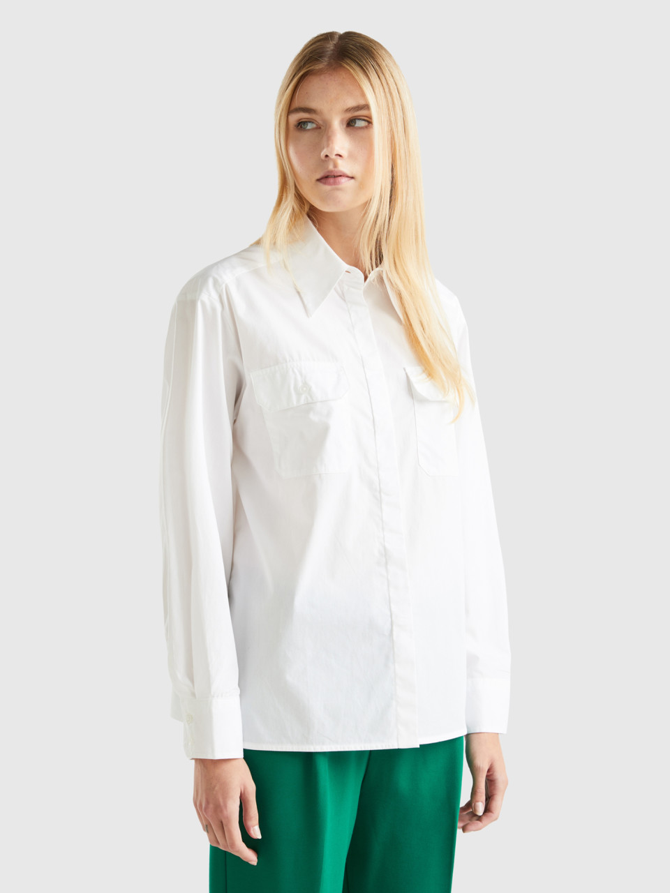 Benetton, Shirt With Pockets And Slits, White, Women