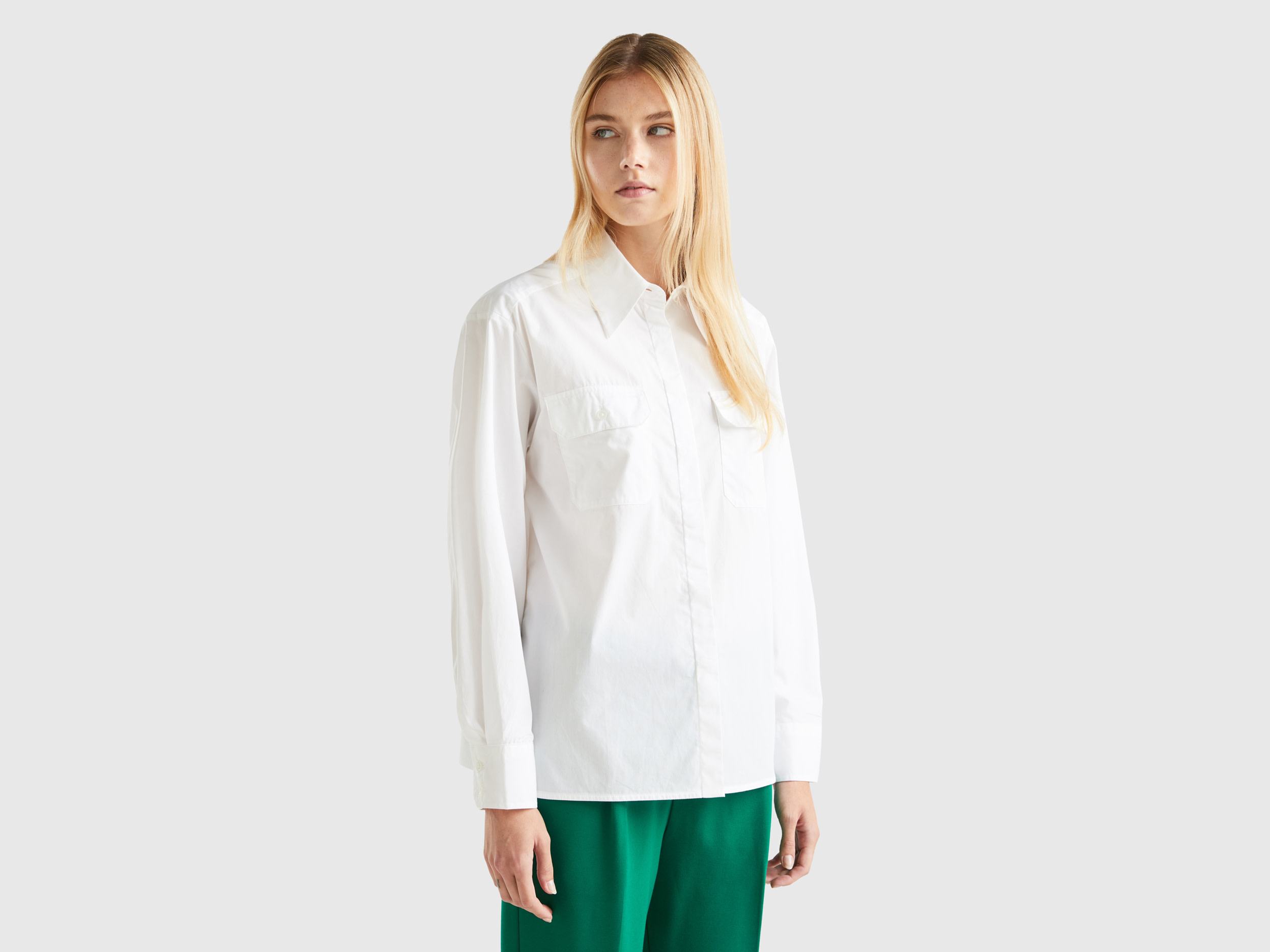 Benetton, Shirt With Pockets And Slits, size M, White, Women