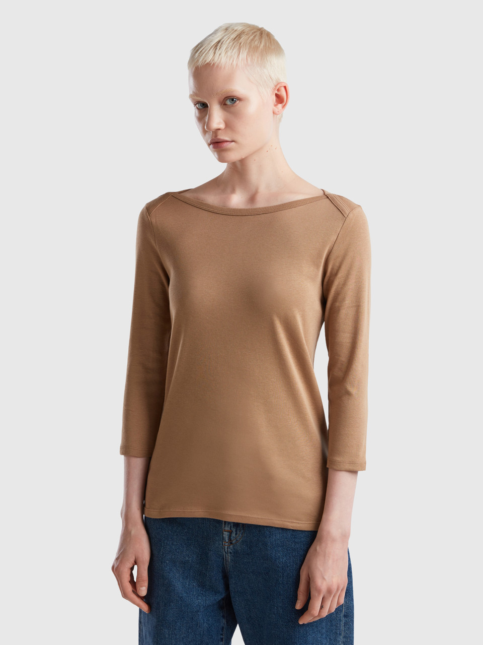 Benetton, T-shirt With Boat Neck In 100% Cotton, Camel, Women